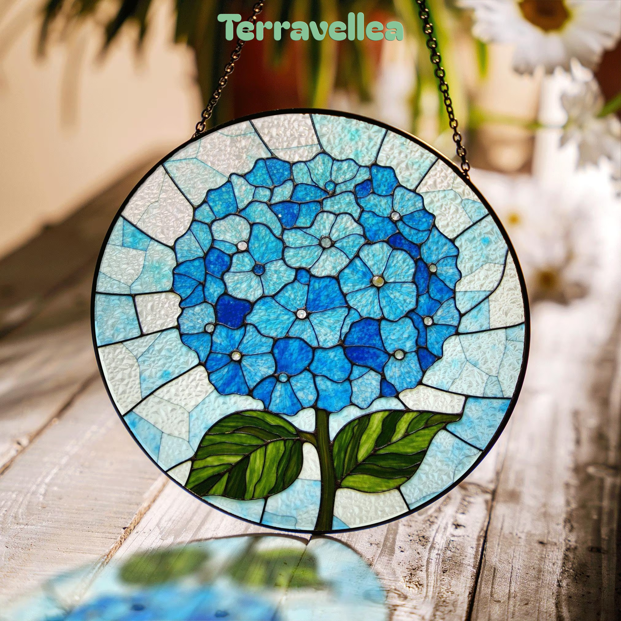 Blue Hydrangea Flower Round Stained Glass Window Suncatcher Gift for Mom Grandma or Gardener - image 1