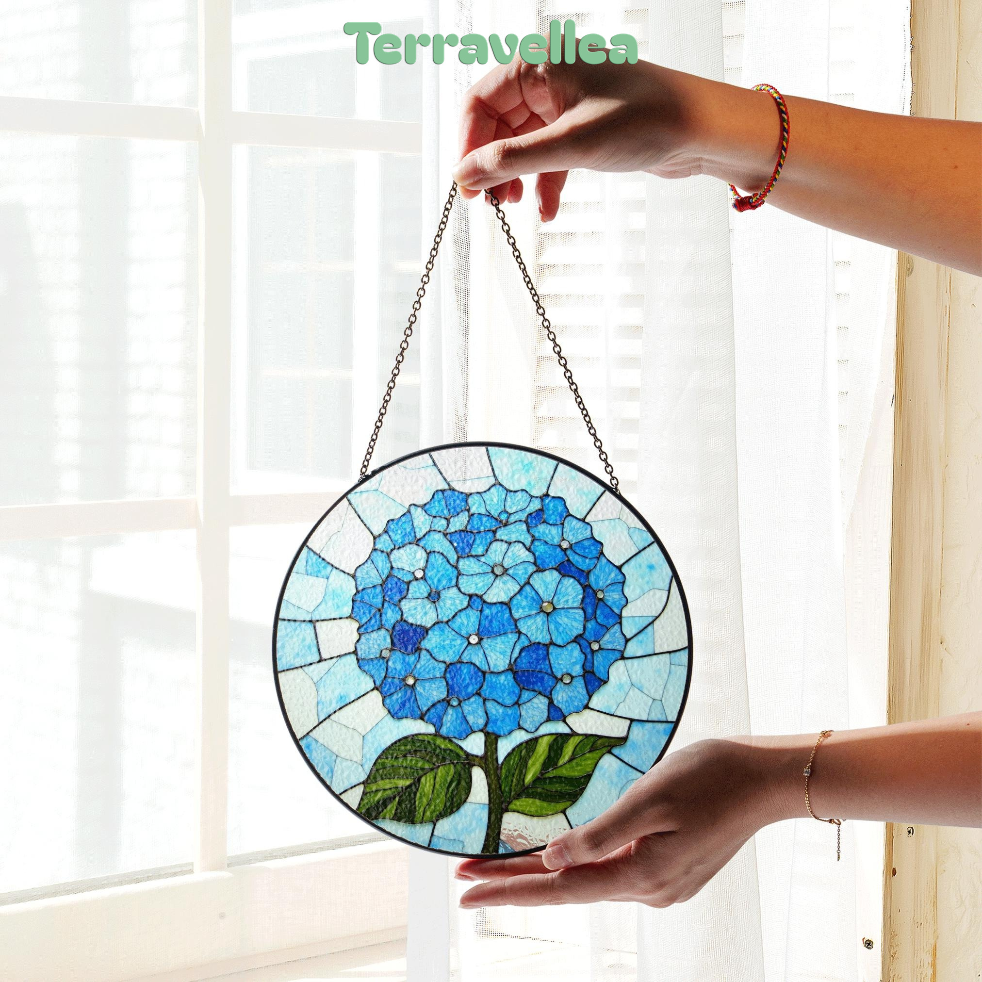 Blue Hydrangea Flower Round Stained Glass Window Suncatcher Gift for Mom Grandma or Gardener - image 3