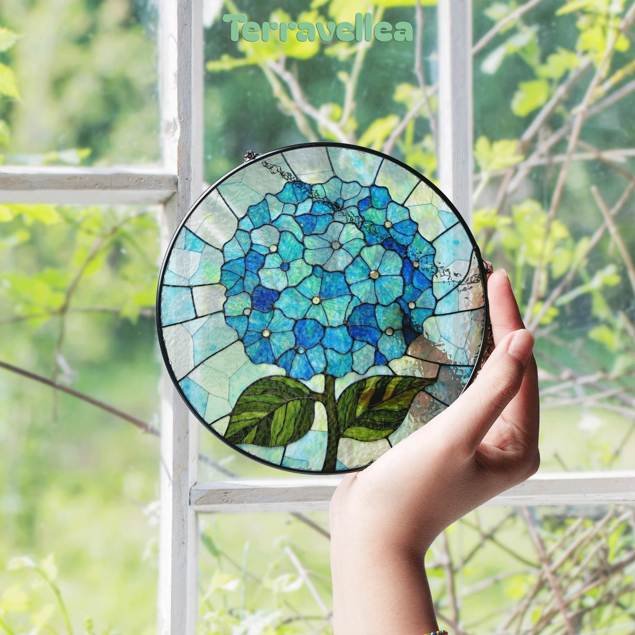 Blue Hydrangea Flower Round Stained Glass Window Suncatcher Gift for Mom Grandma or Gardener - image 4