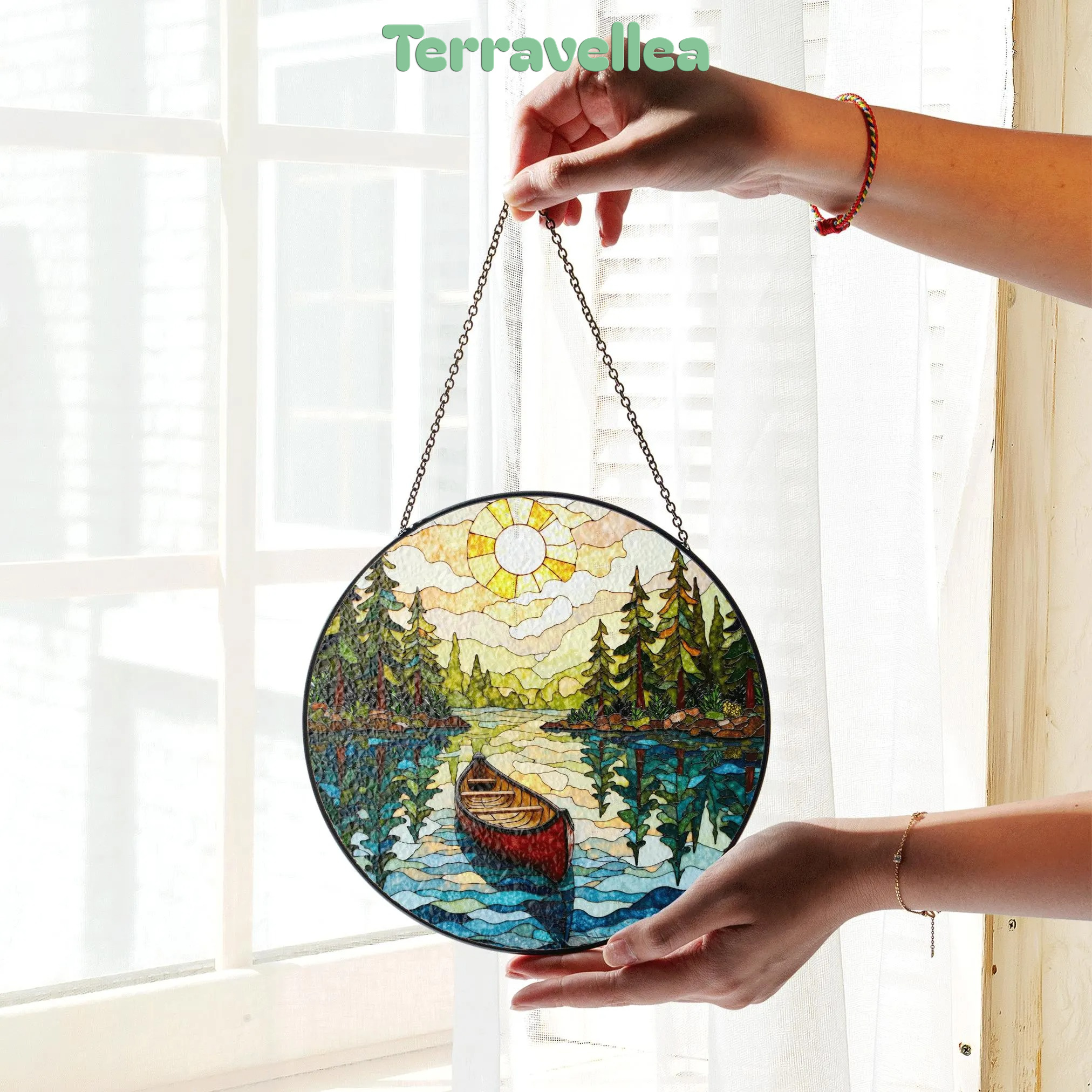 Canoe on Forest Lake Stained Glass Suncatcher Window Hanging Rustic Cabin Decor Gift for Nature Lovers - image 3