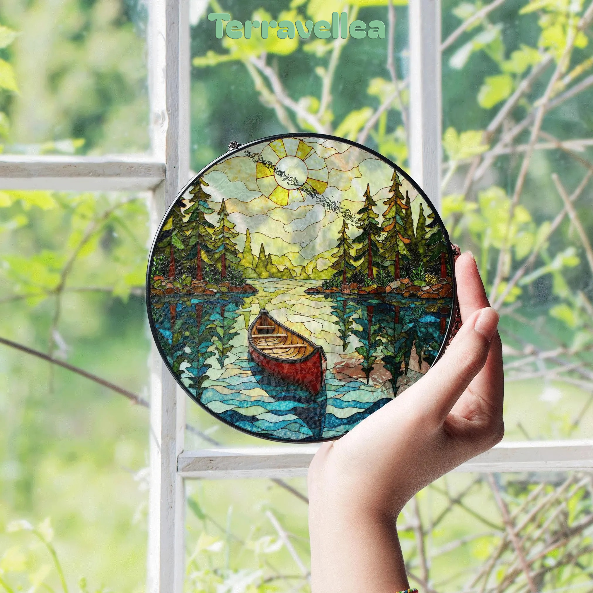 Canoe on Forest Lake Stained Glass Suncatcher Window Hanging Rustic Cabin Decor Gift for Nature Lovers - image 4
