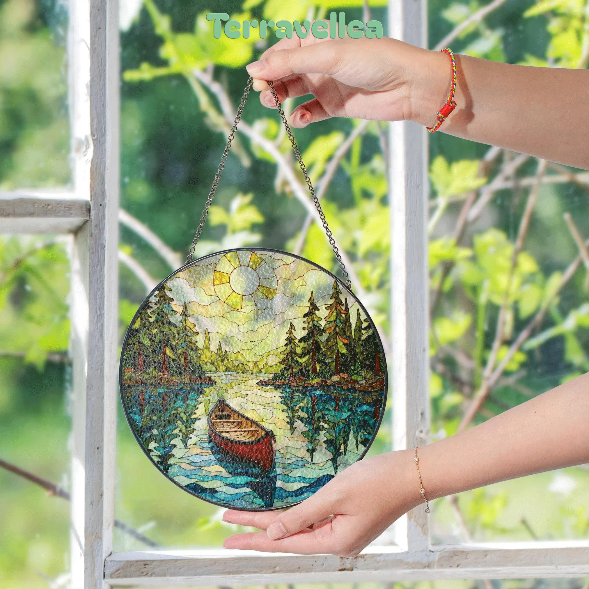 Canoe on Forest Lake Stained Glass Suncatcher Window Hanging Rustic Cabin Decor Gift for Nature Lovers - image 5