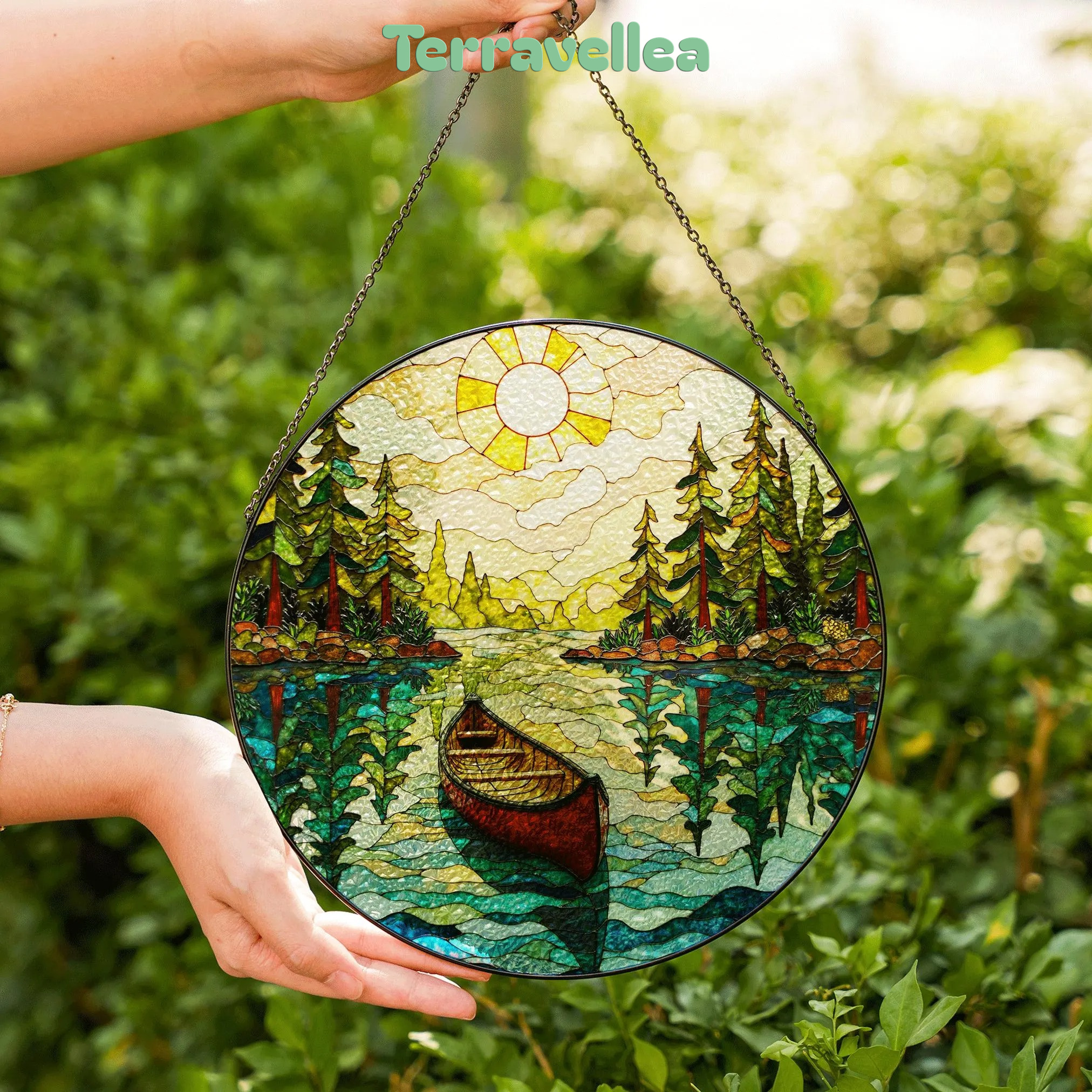 Canoe on Forest Lake Stained Glass Suncatcher Window Hanging Rustic Cabin Decor Gift for Nature Lovers - image 6