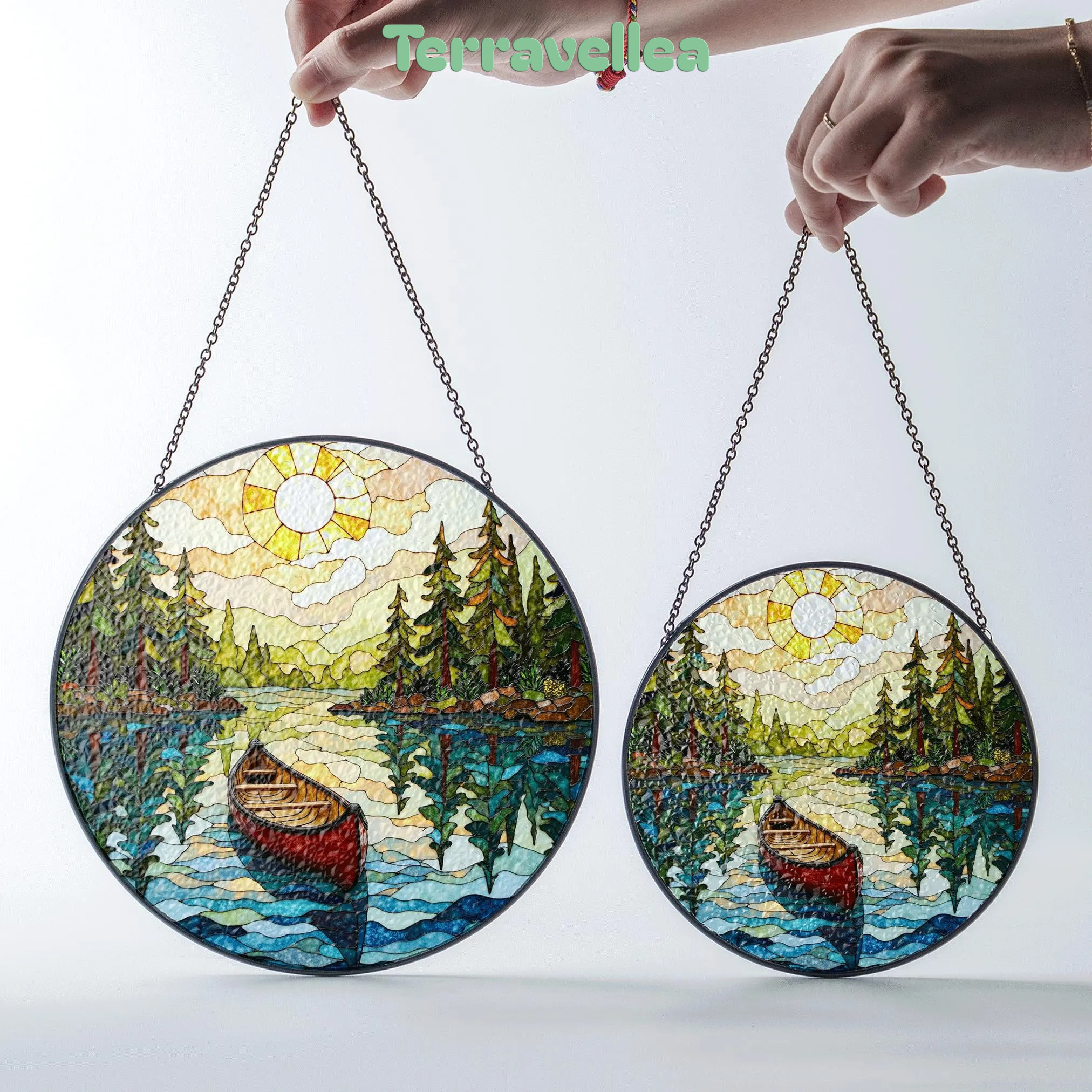 Canoe on Forest Lake Stained Glass Suncatcher Window Hanging Rustic Cabin Decor Gift for Nature Lovers - image 7