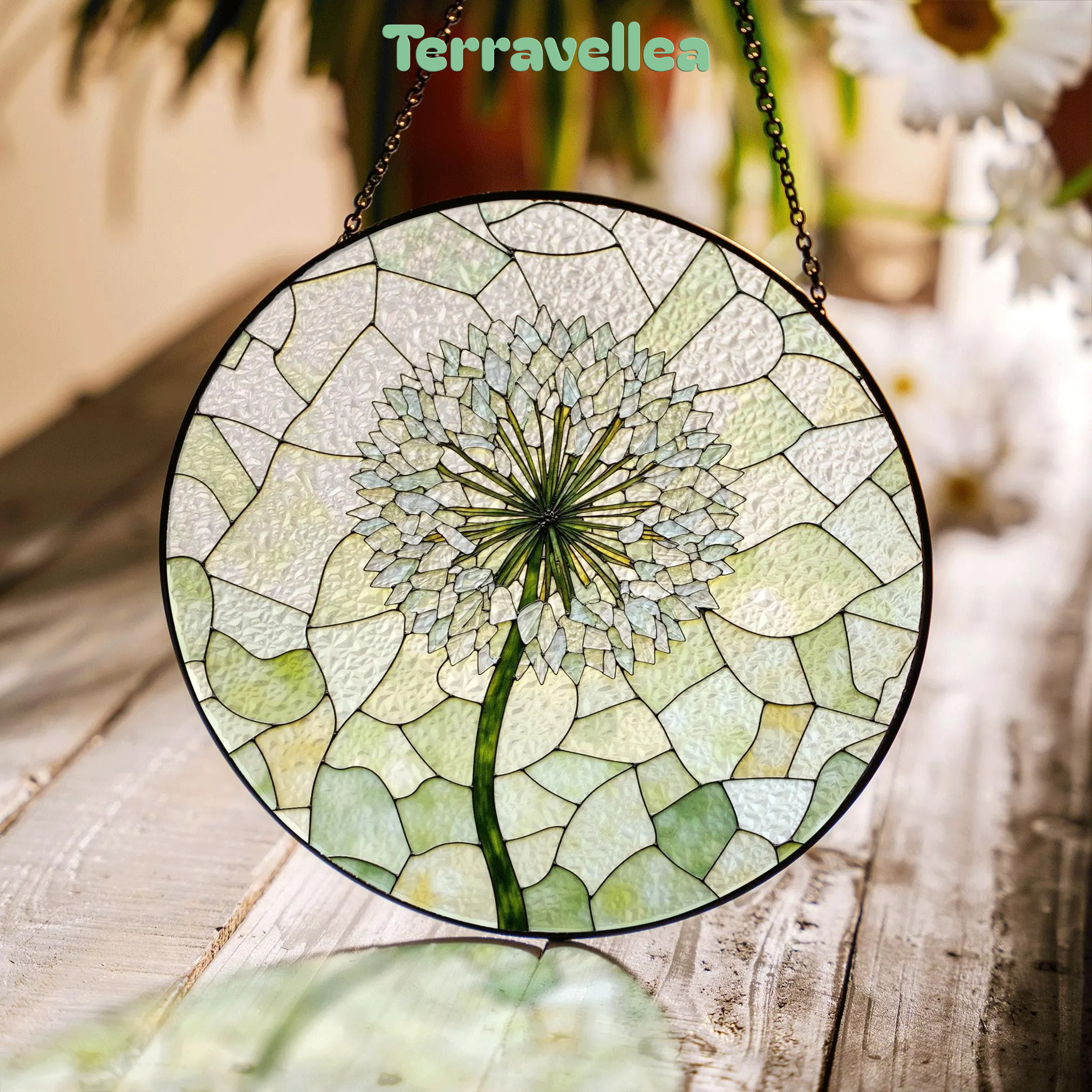 Dandelion Bloom Stained Glass Suncatcher Round Window Charm Gift for Nature Lover - image 1