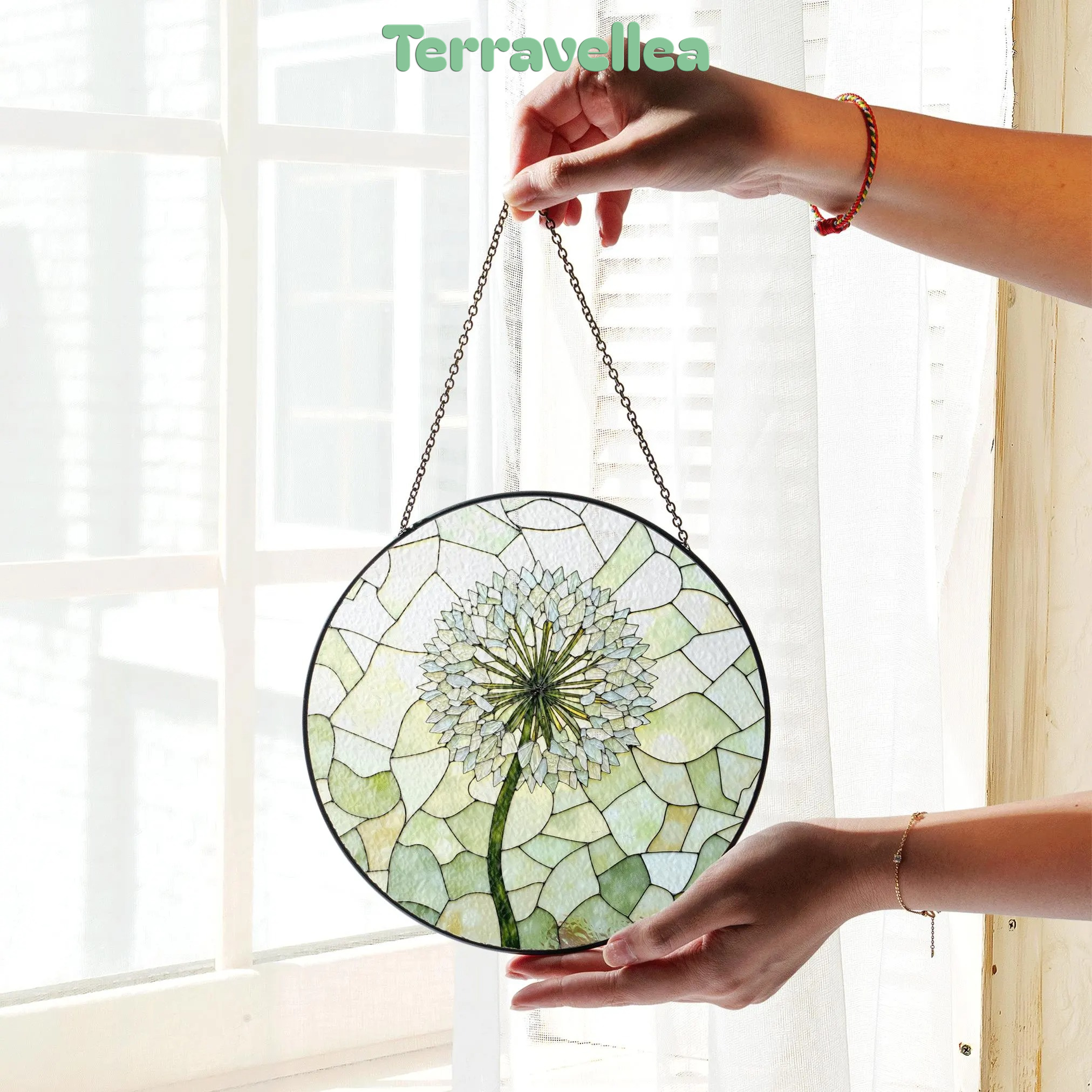 Dandelion Bloom Stained Glass Suncatcher Round Window Charm Gift for Nature Lover - image 3