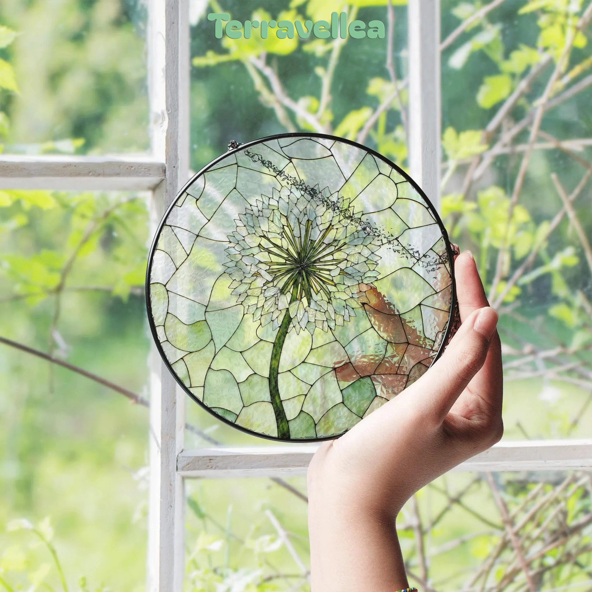 Dandelion Bloom Stained Glass Suncatcher Round Window Charm Gift for Nature Lover - image 4