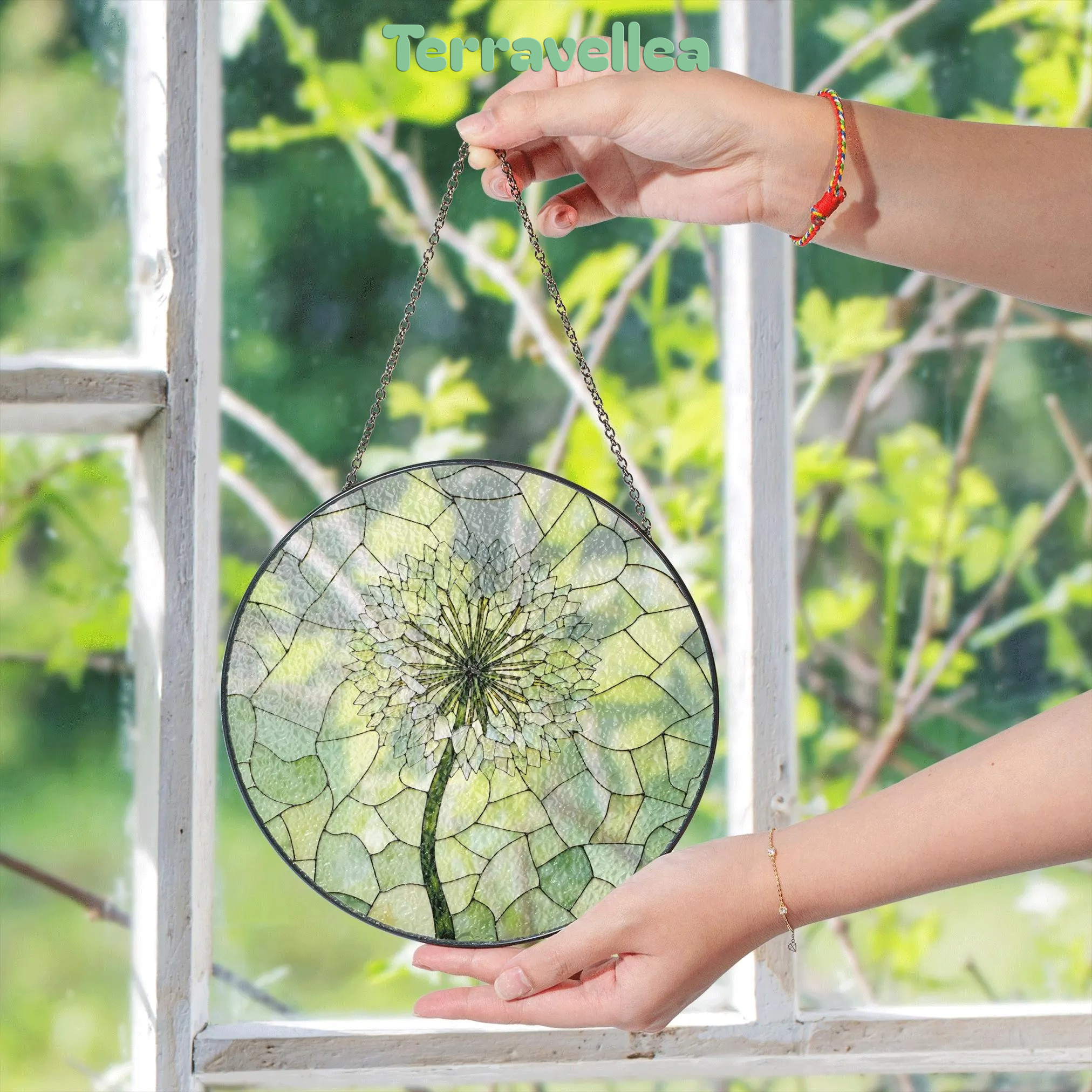 Dandelion Bloom Stained Glass Suncatcher Round Window Charm Gift for Nature Lover - image 5