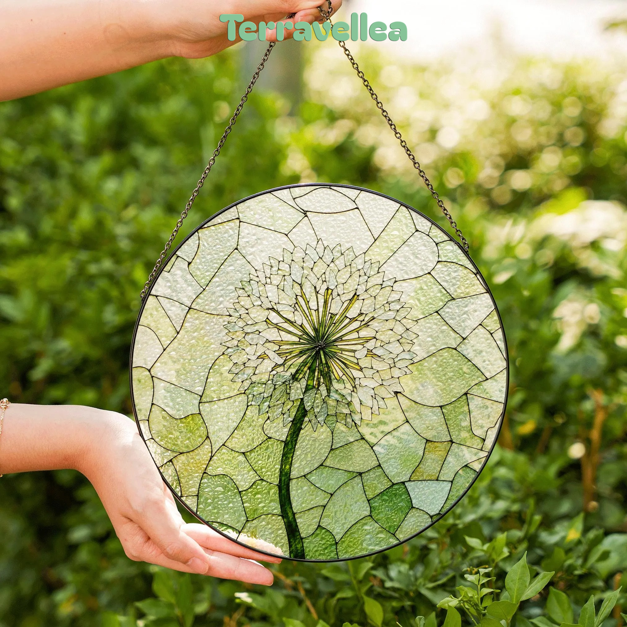 Dandelion Bloom Stained Glass Suncatcher Round Window Charm Gift for Nature Lover - image 6