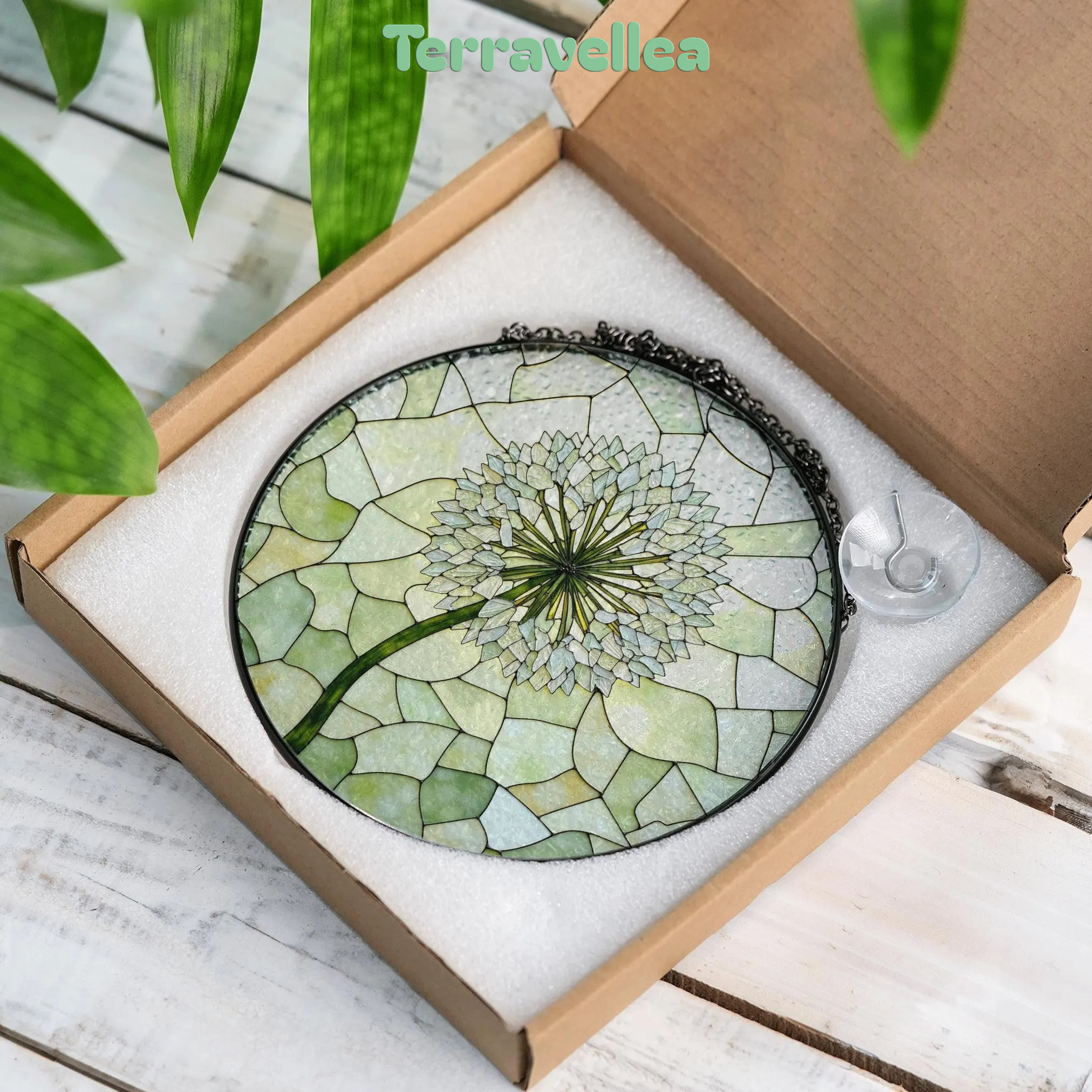 Dandelion Bloom Stained Glass Suncatcher Round Window Charm Gift for Nature Lover - image 9