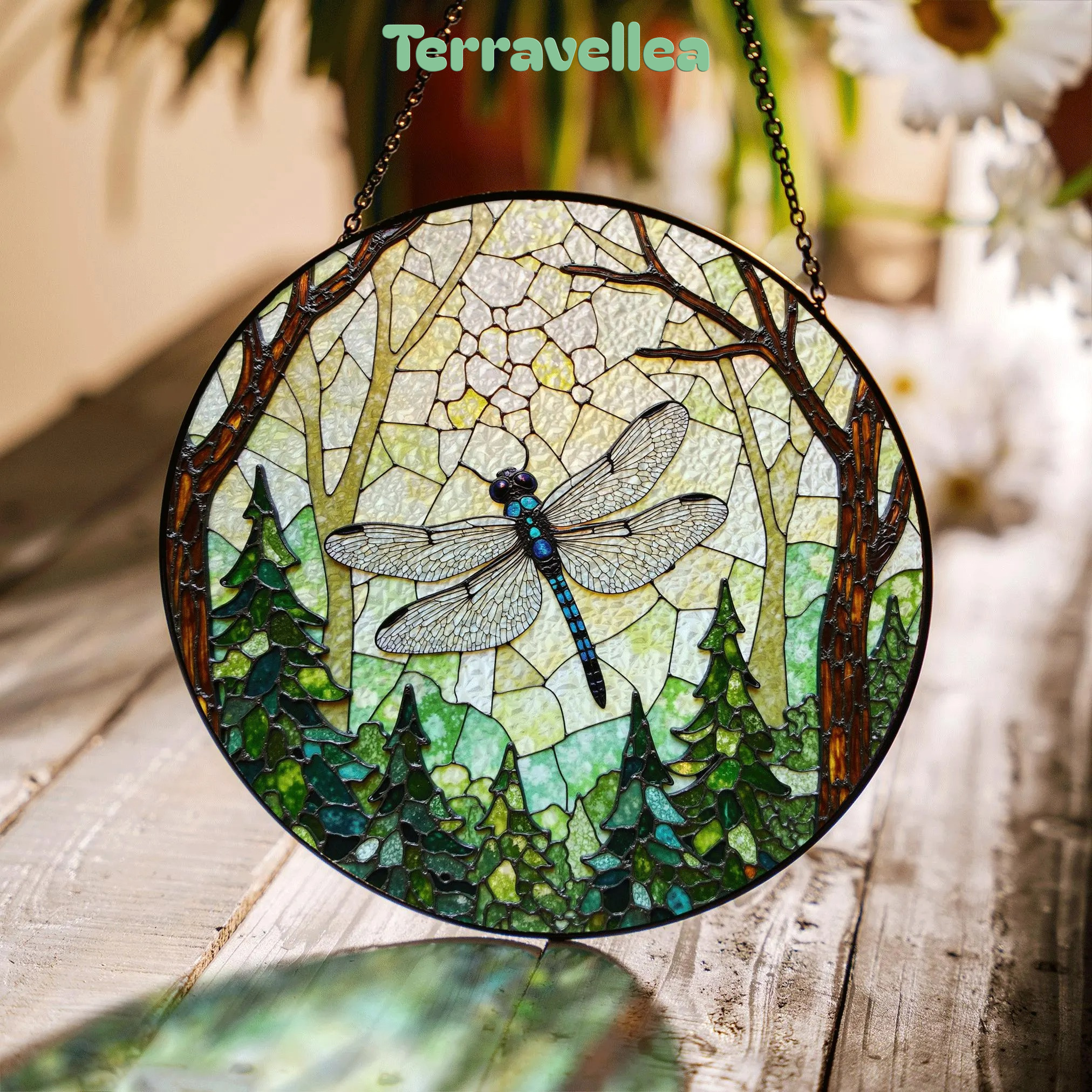 Dragonfly Forest Stained Glass Suncatcher Nature Window Hanging Gift for Mothers Day - image 1