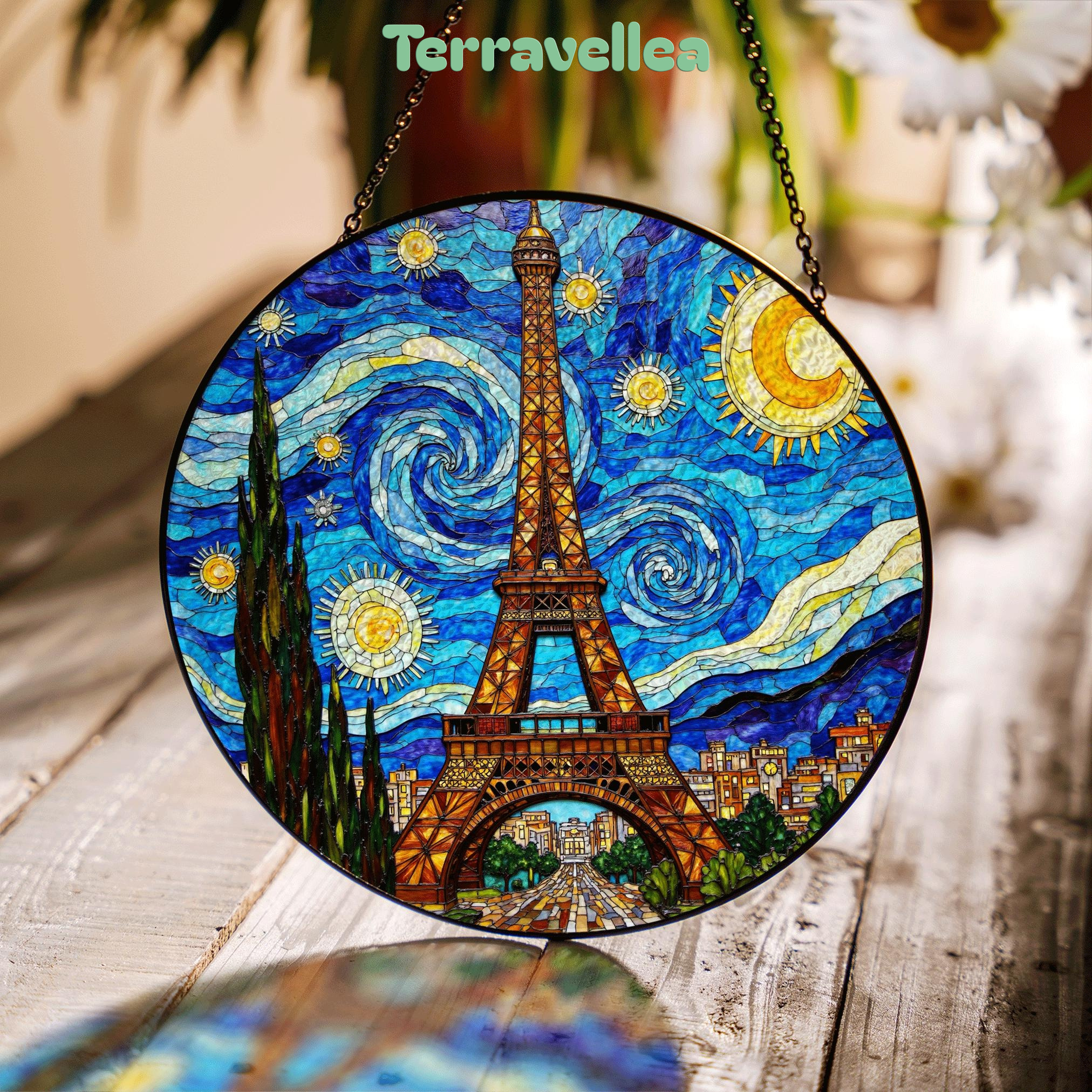 Eiffel Tower Starry Night Style Round Stained Glass Suncatcher Gift for Paris Lover - image 1