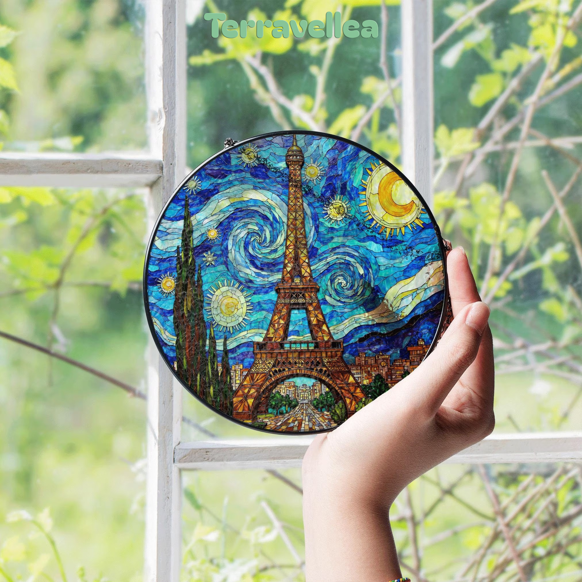 Eiffel Tower Starry Night Style Round Stained Glass Suncatcher Gift for Paris Lover - image 4
