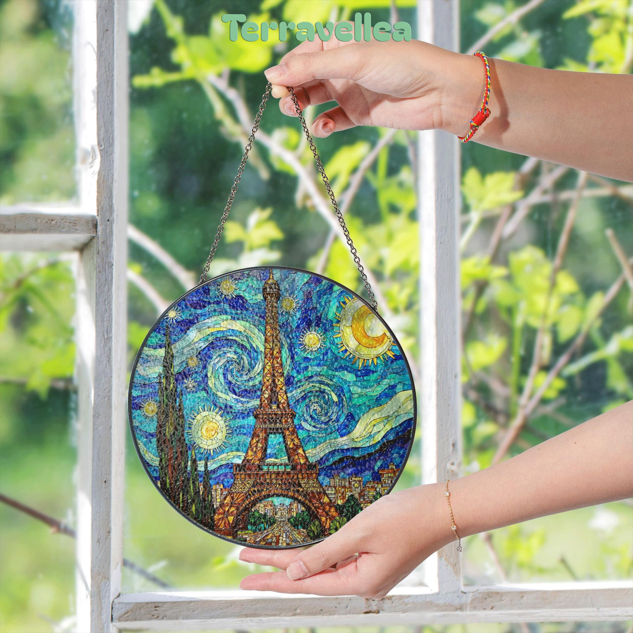 Eiffel Tower Starry Night Style Round Stained Glass Suncatcher Gift for Paris Lover - image 5