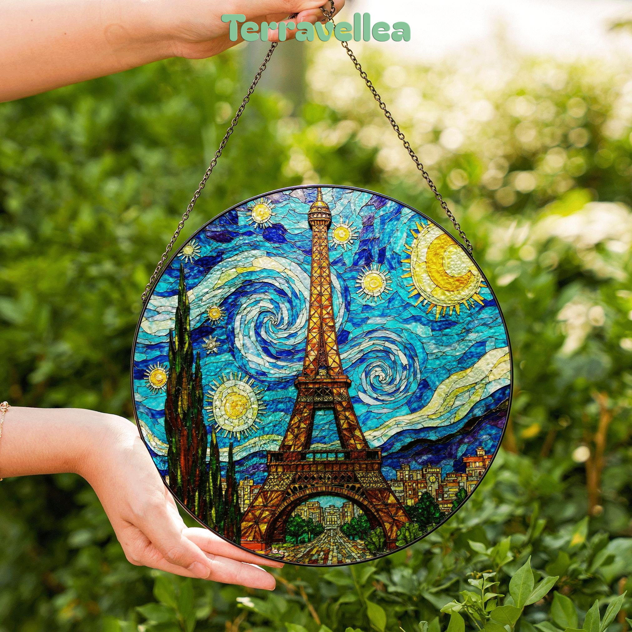 Eiffel Tower Starry Night Style Round Stained Glass Suncatcher Gift for Paris Lover - image 6