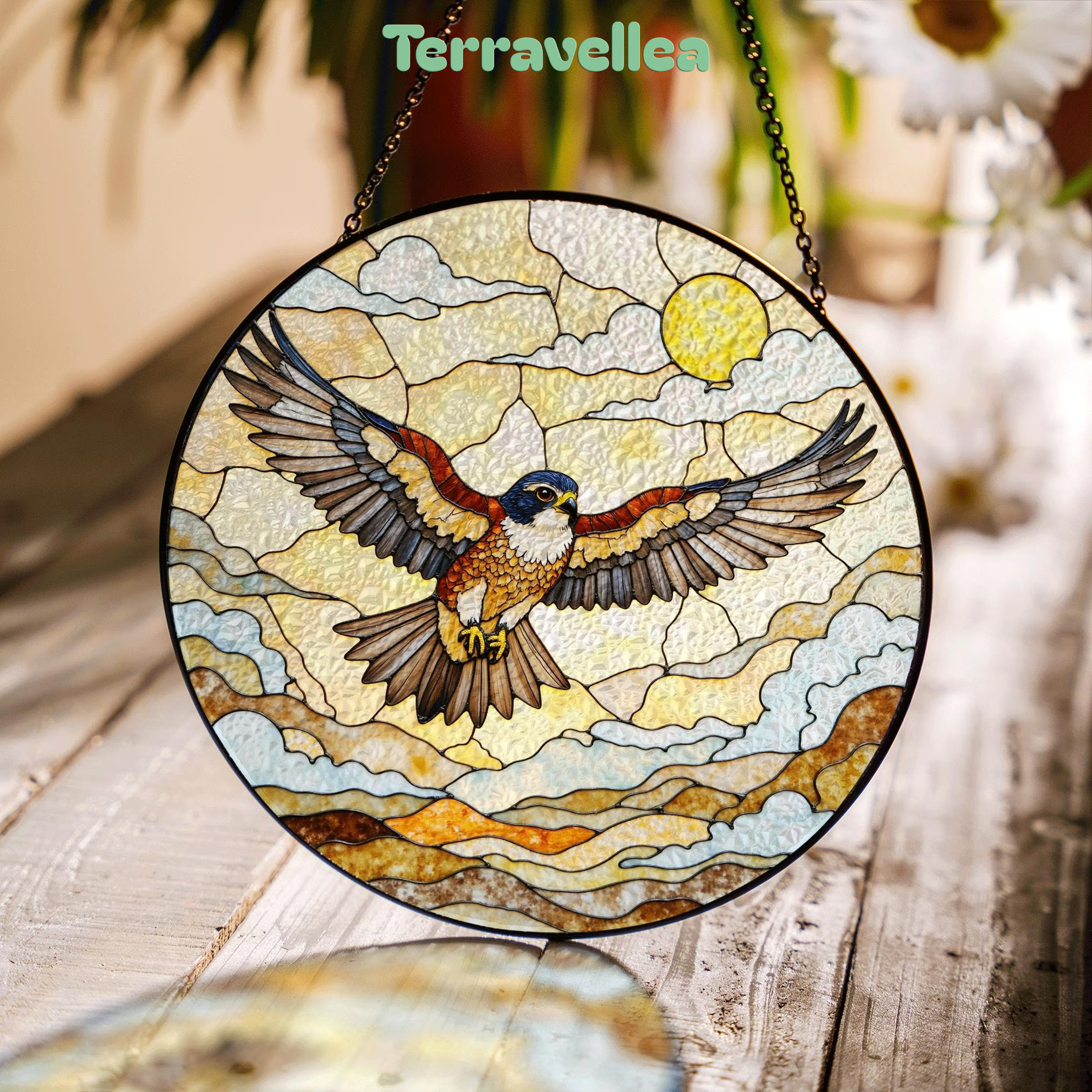 Flying Hawk Under Sun Stained Glass Bird Suncatcher Gift for Dad - image 1