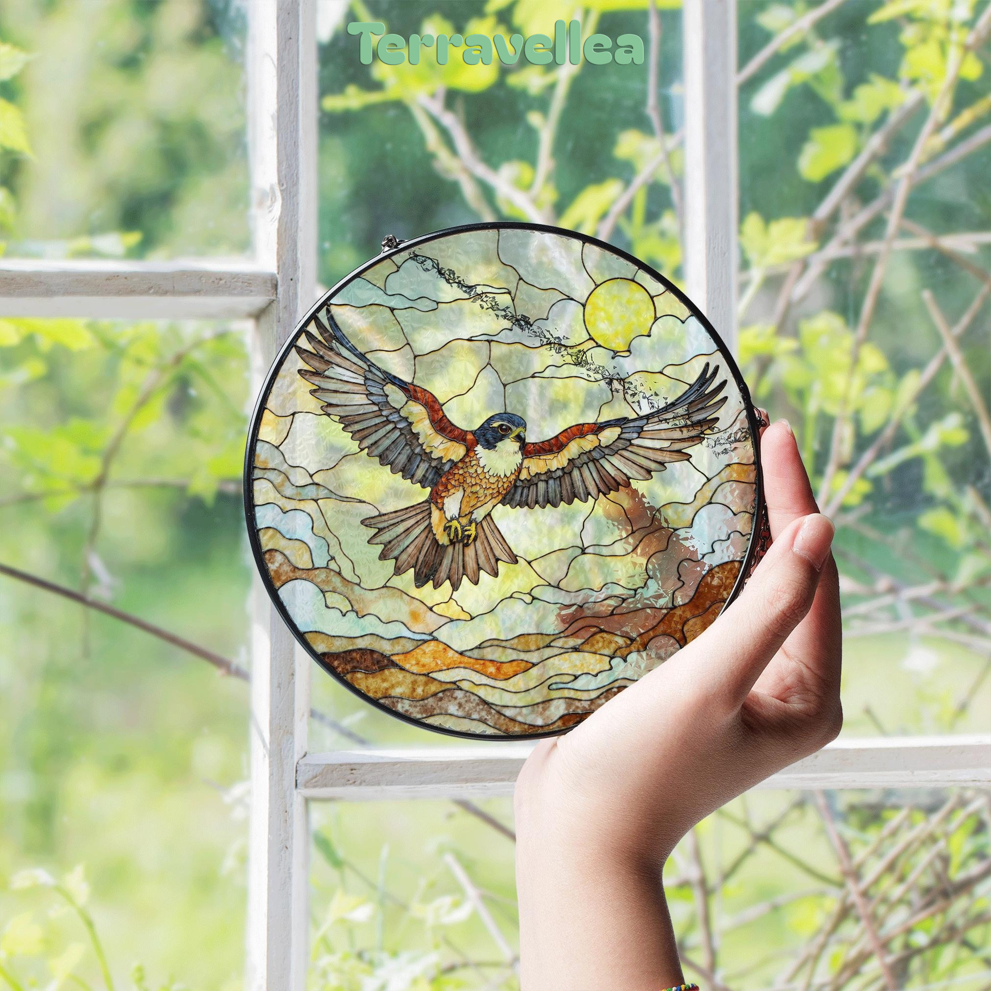 Flying Hawk Under Sun Stained Glass Bird Suncatcher Gift for Dad - image 4