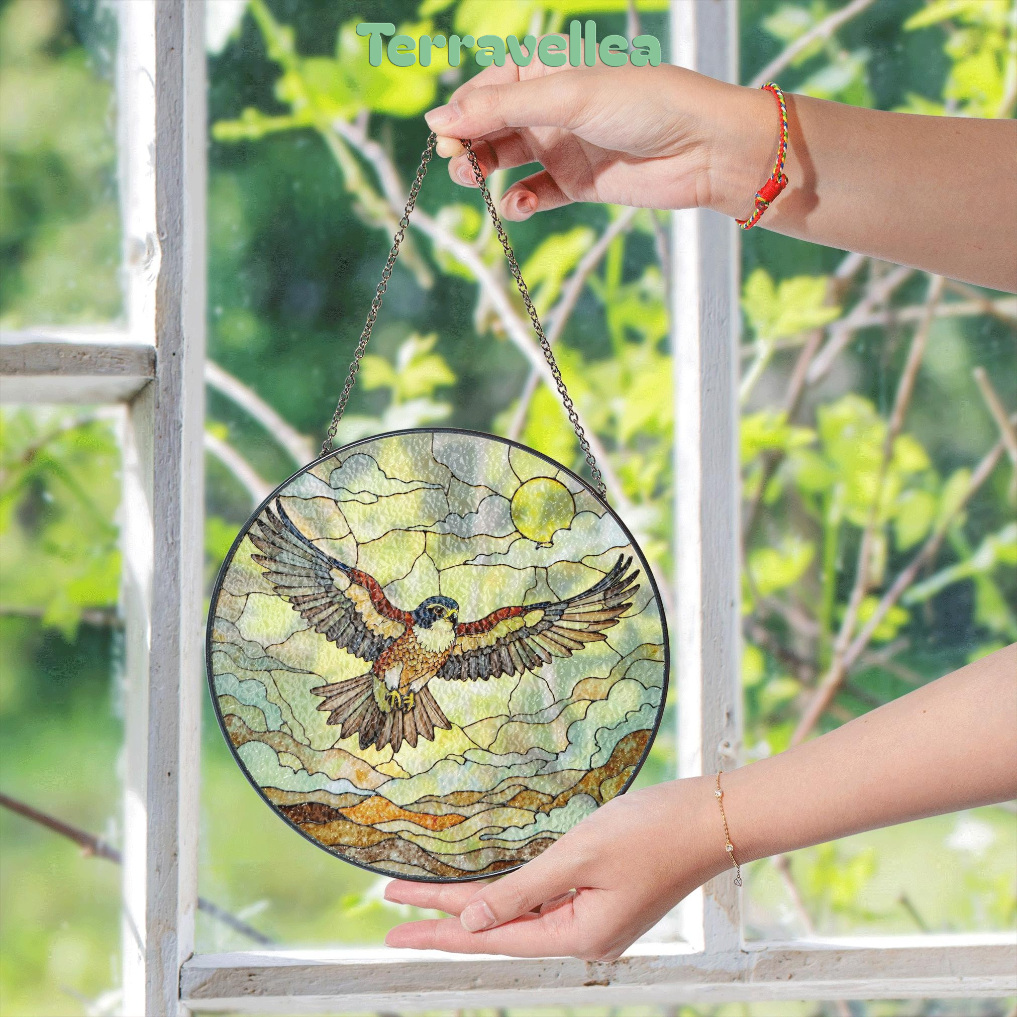 Flying Hawk Under Sun Stained Glass Bird Suncatcher Gift for Dad - image 5