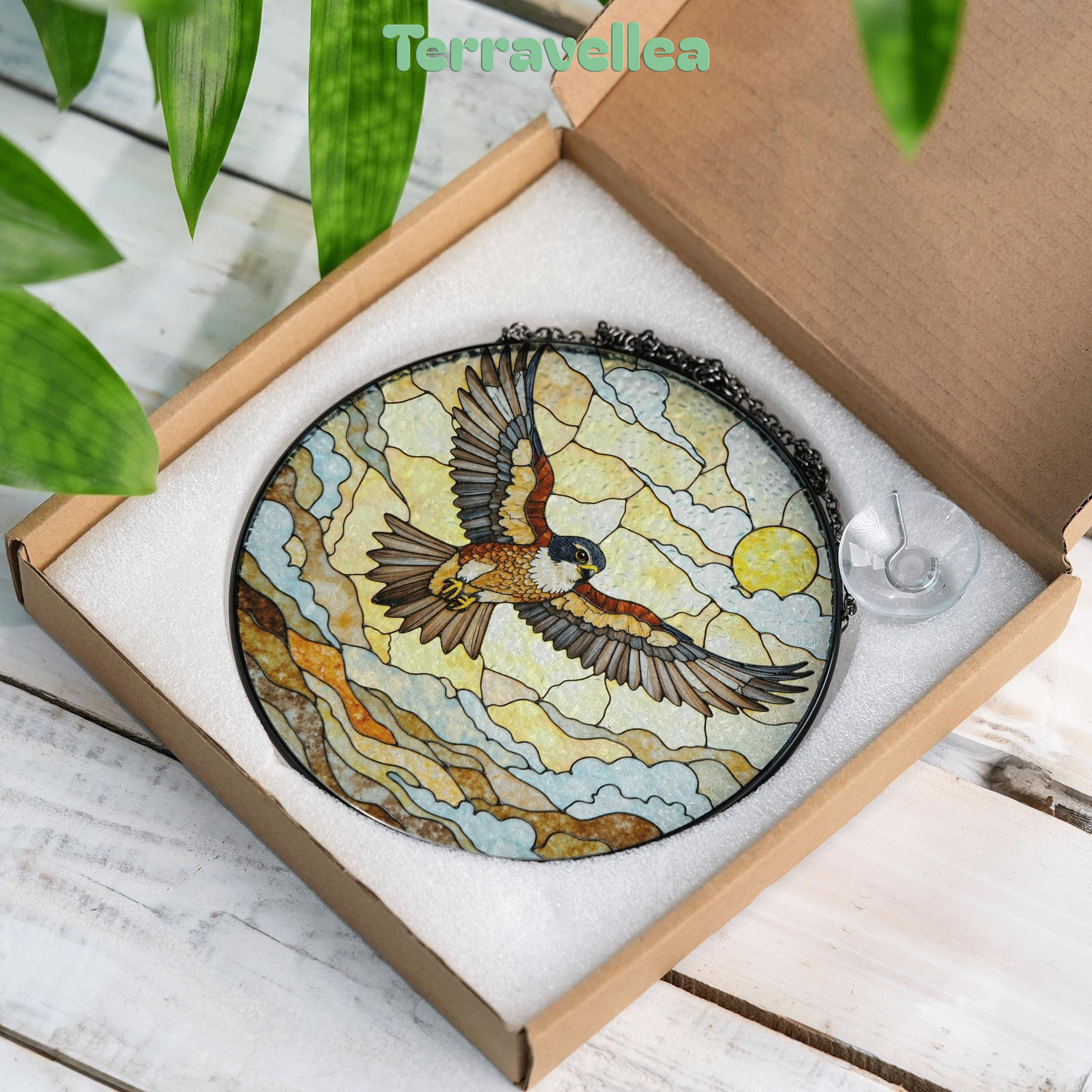 Flying Hawk Under Sun Stained Glass Bird Suncatcher Gift for Dad - image 9