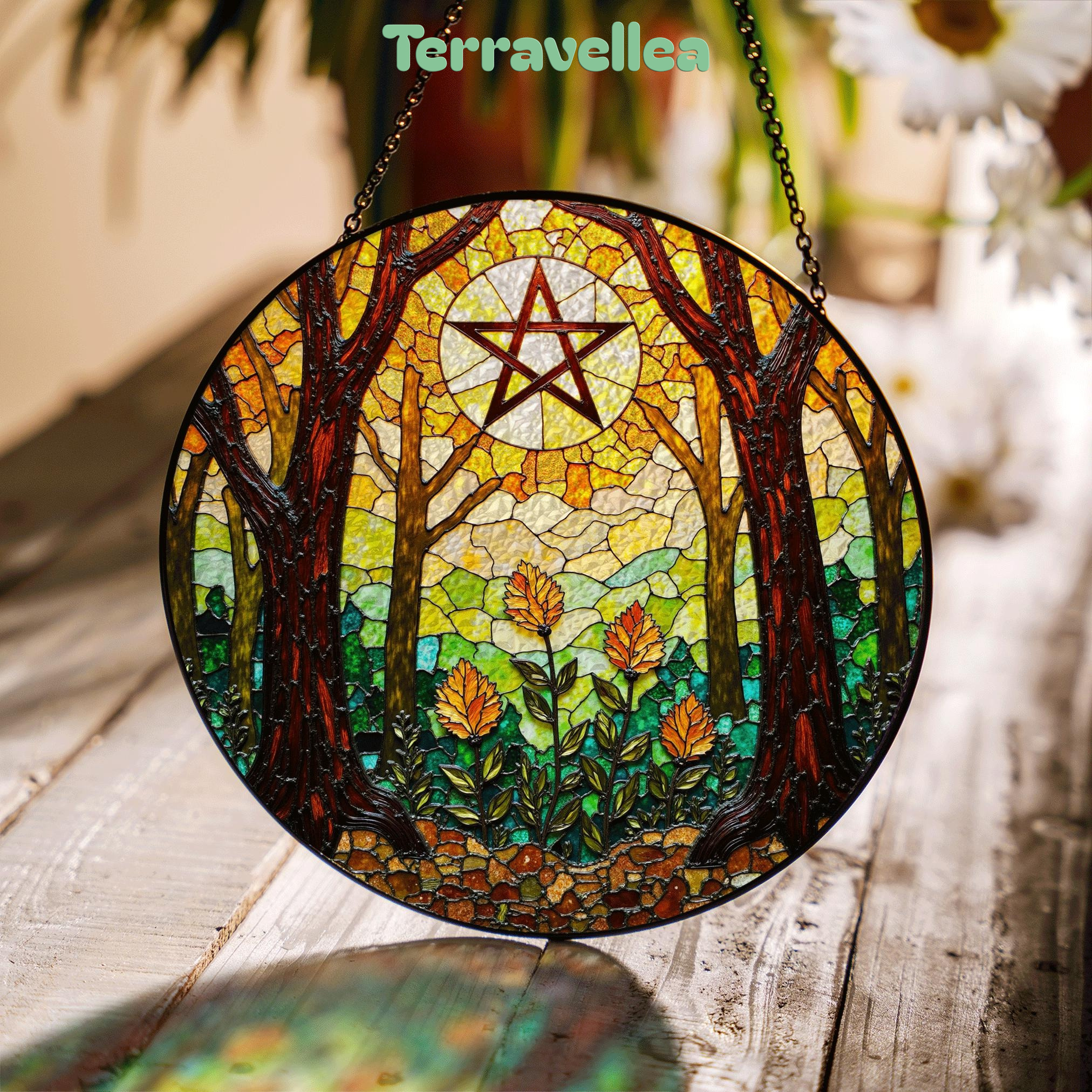 Forest Trees Stained Glass Suncatcher With Pentacle Art Window Decor Gift for Halloween or Pagan Friend - image 1
