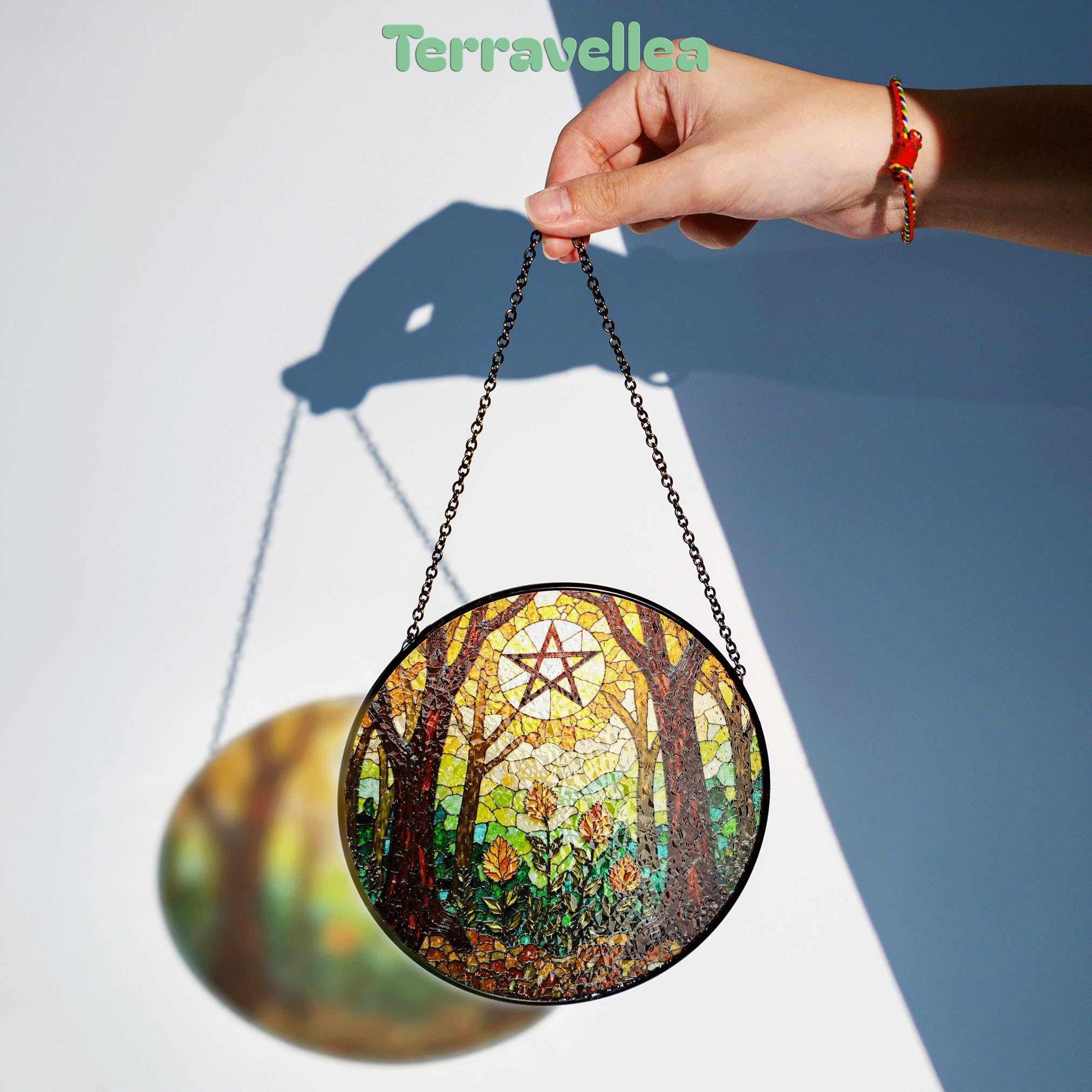 Forest Trees Stained Glass Suncatcher With Pentacle Art Window Decor Gift for Halloween or Pagan Friend - image 2