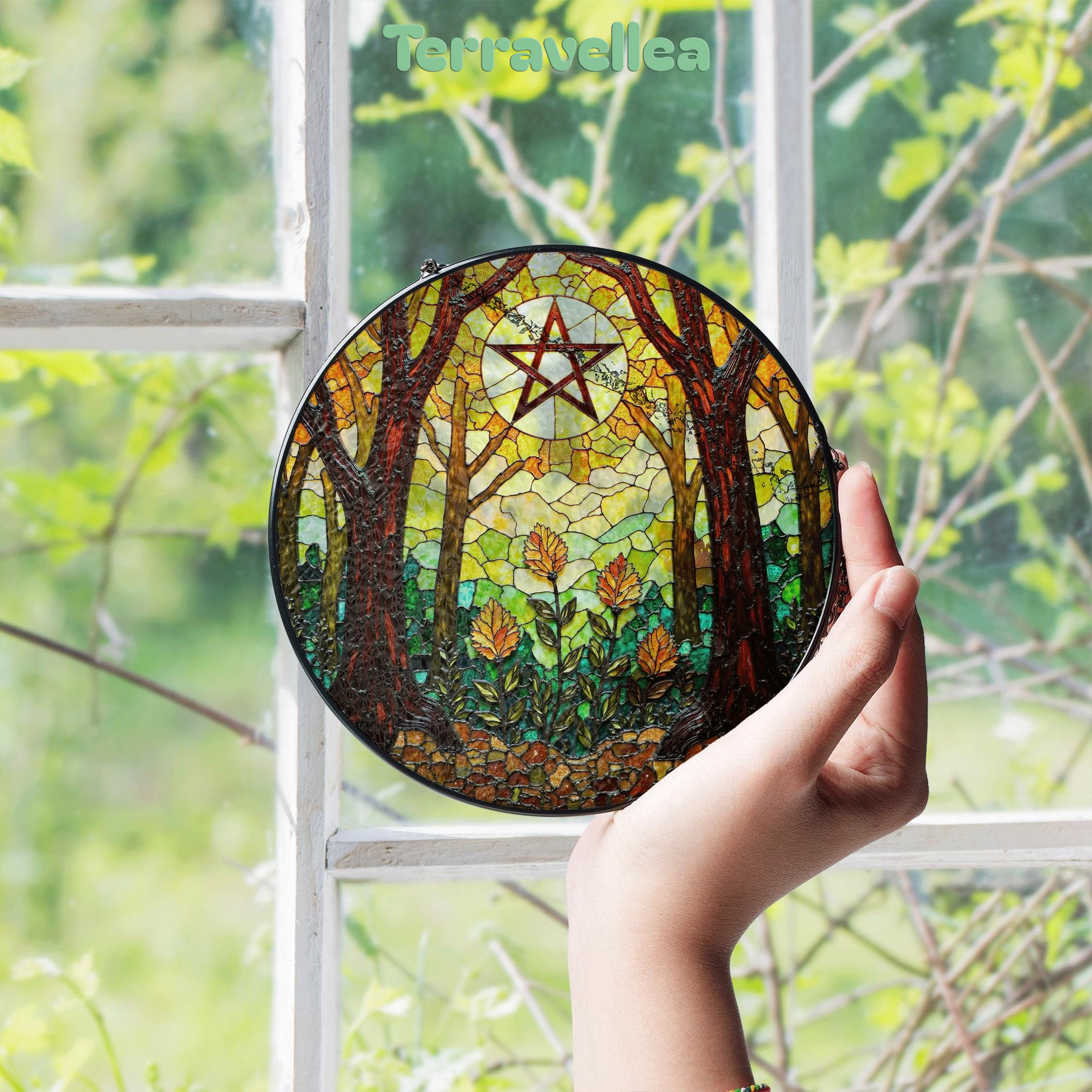 Forest Trees Stained Glass Suncatcher With Pentacle Art Window Decor Gift for Halloween or Pagan Friend - image 4