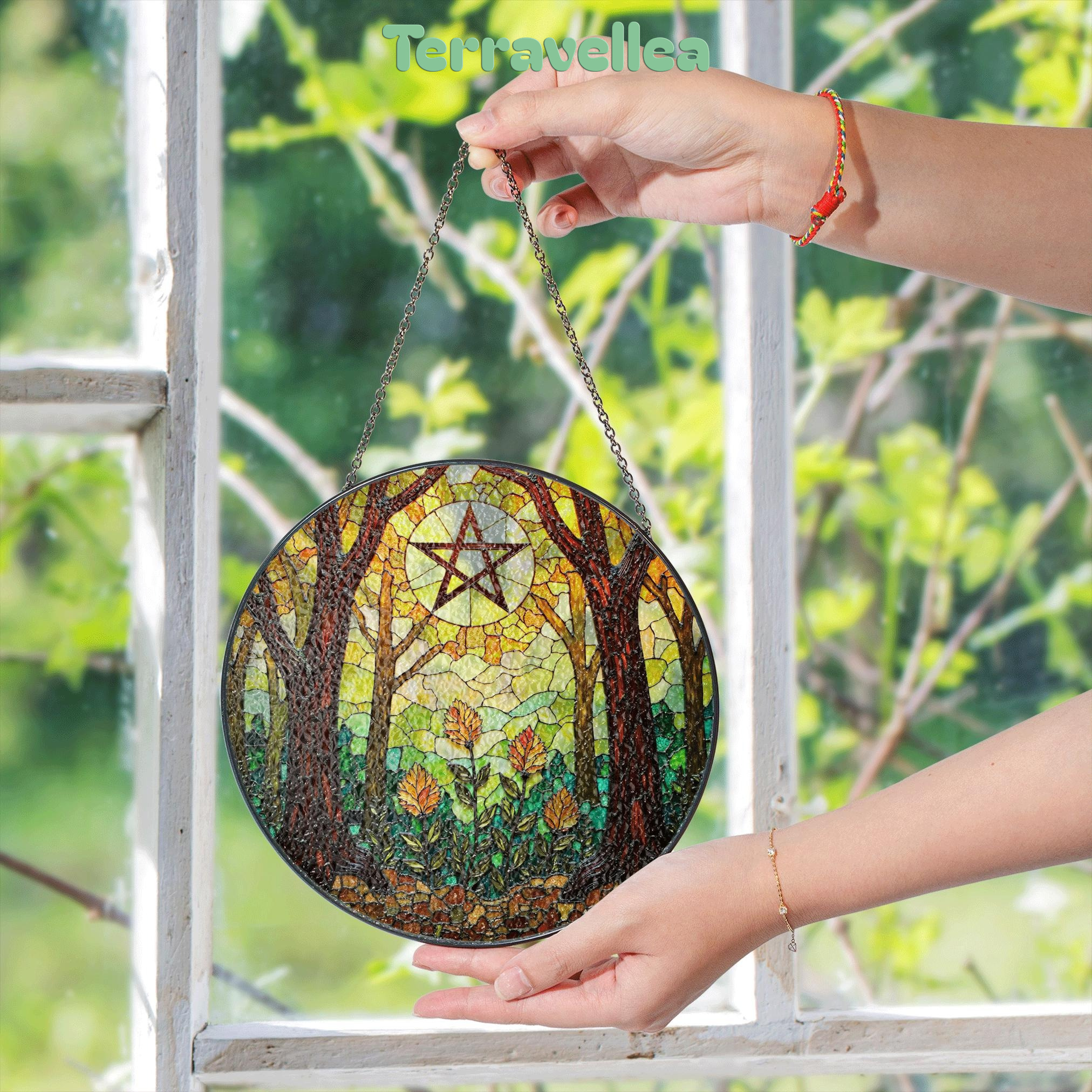Forest Trees Stained Glass Suncatcher With Pentacle Art Window Decor Gift for Halloween or Pagan Friend - image 5