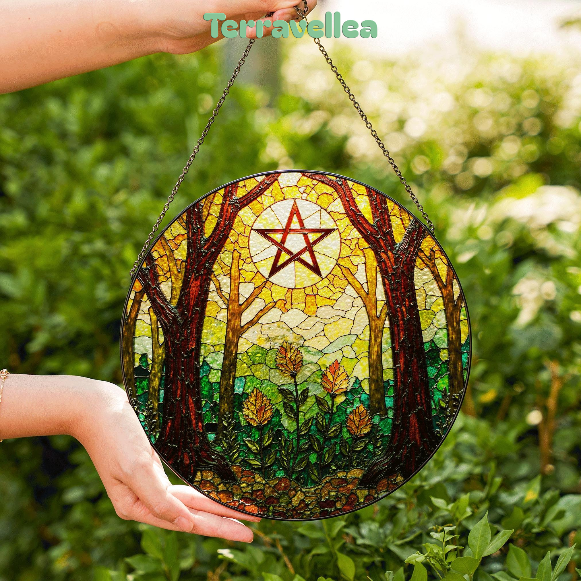 Forest Trees Stained Glass Suncatcher With Pentacle Art Window Decor Gift for Halloween or Pagan Friend - image 6