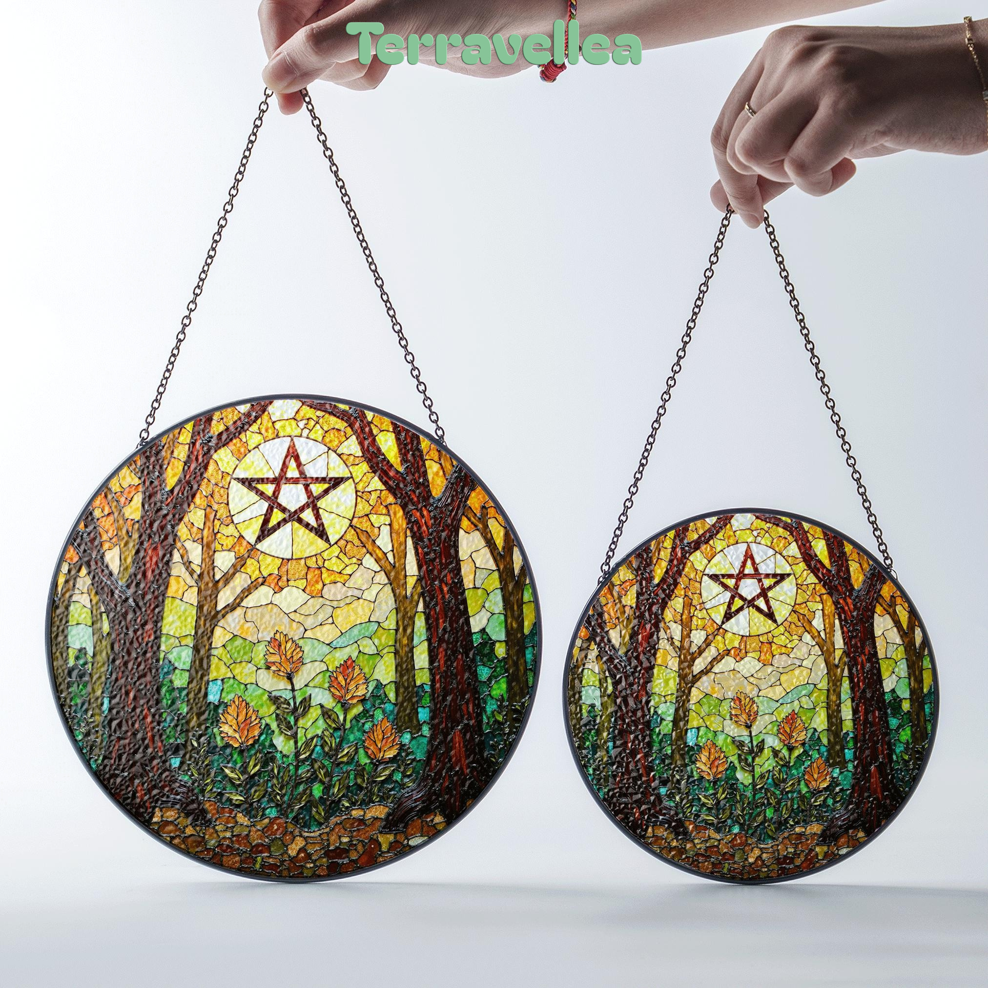 Forest Trees Stained Glass Suncatcher With Pentacle Art Window Decor Gift for Halloween or Pagan Friend - image 7