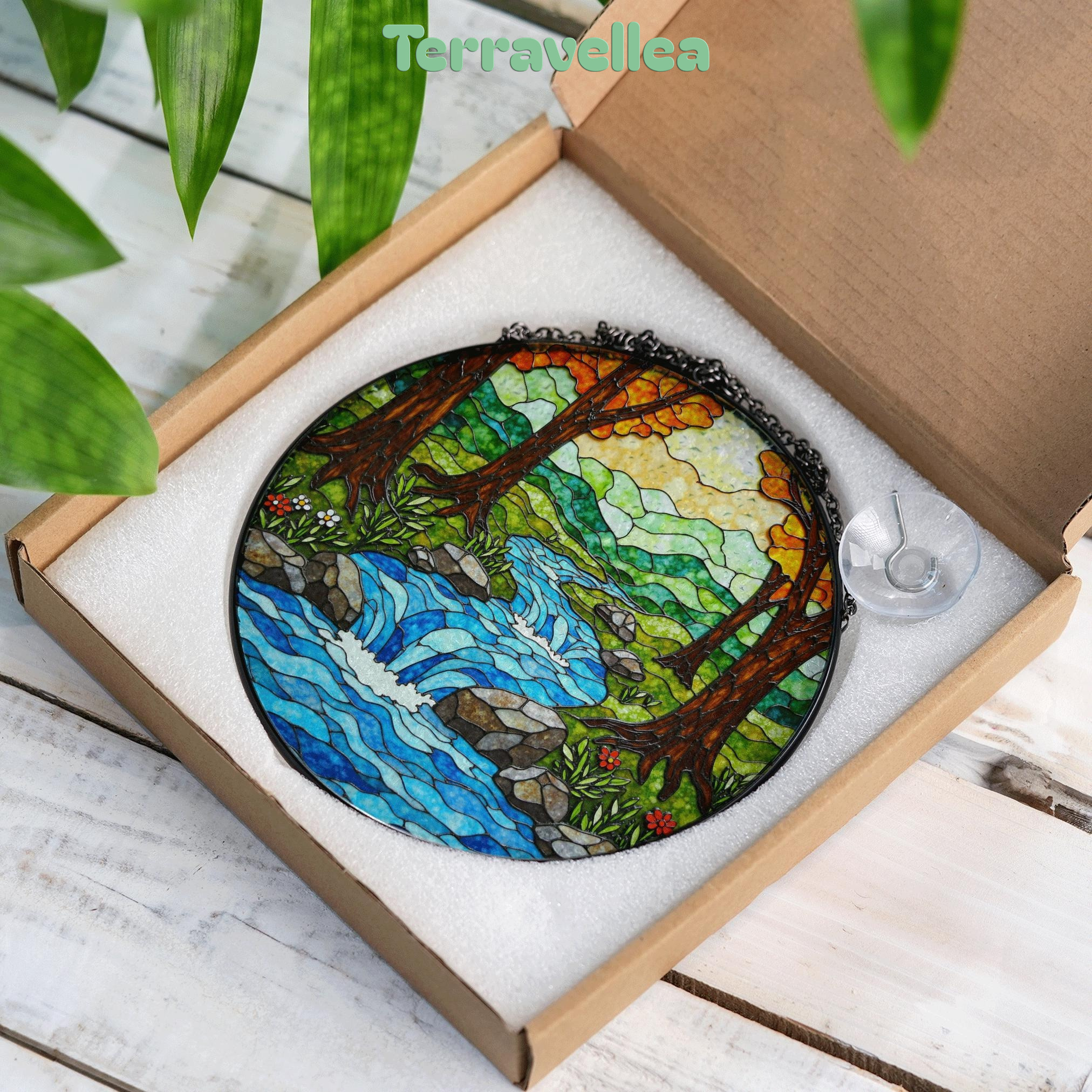 Forest Waterfall Creek Stained Glass Suncatcher Nature Window Hanging Gift for Outdoor Lovers - image 9