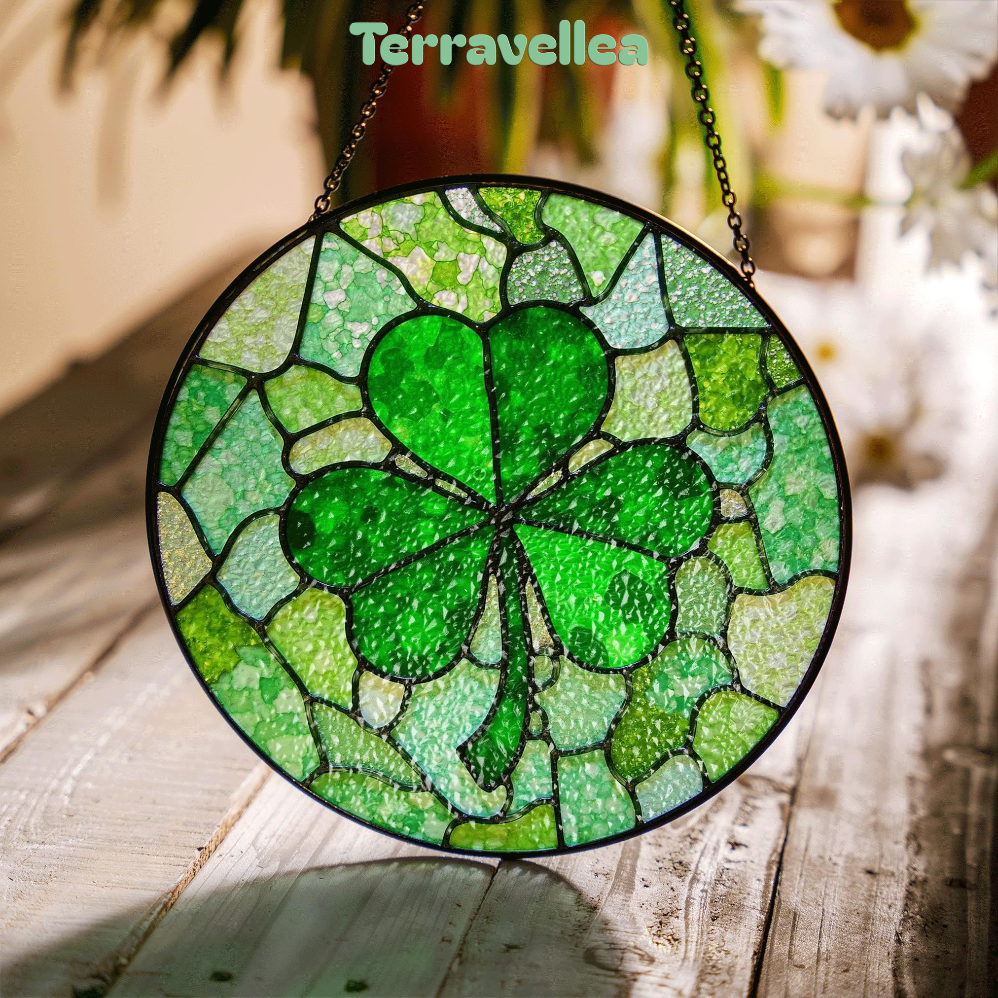 Green Four Leaf Clover Stained Glass Suncatcher Window Decoration Unique Gift for St Patrick's Day - image 1