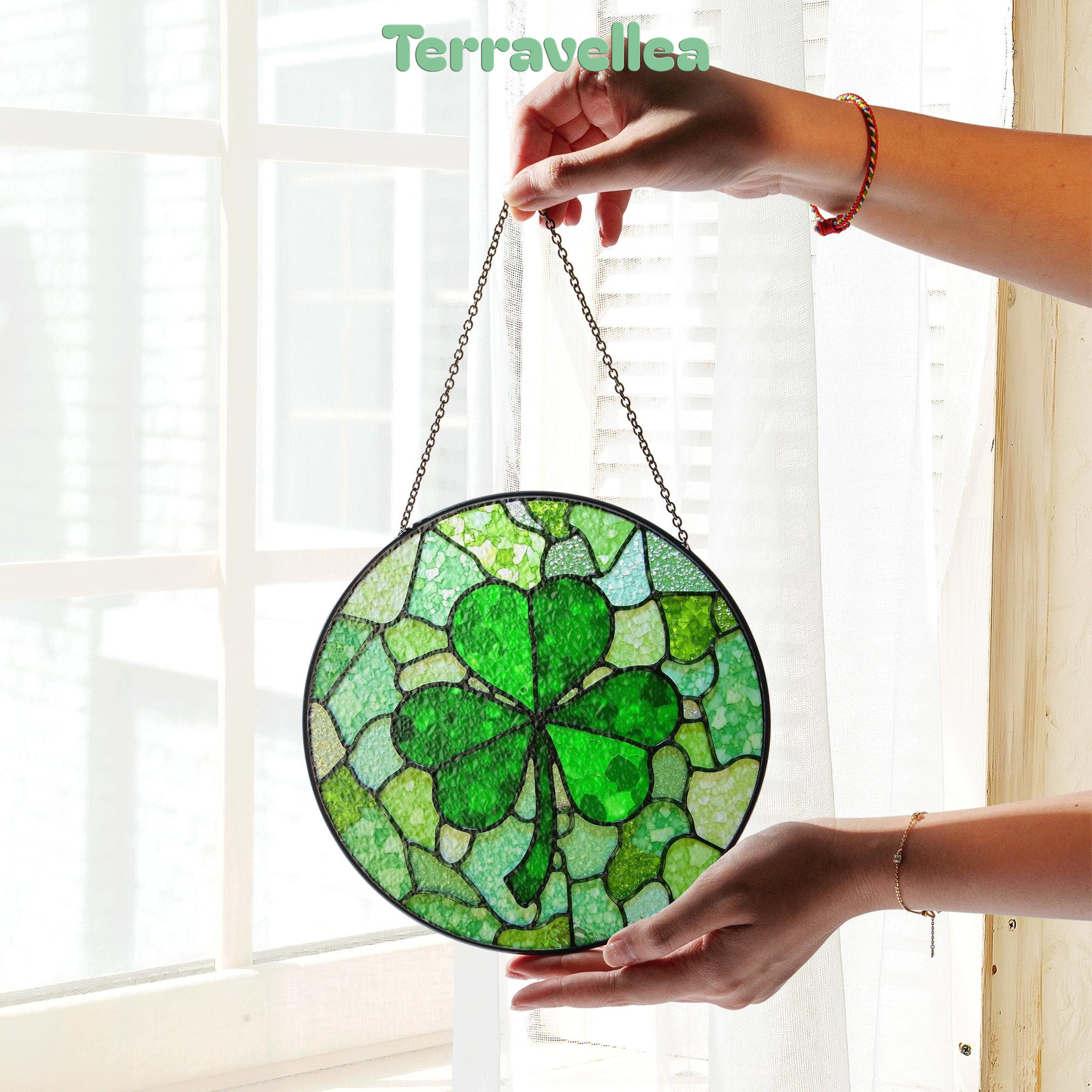 Green Four Leaf Clover Stained Glass Suncatcher Window Decoration Unique Gift for St Patrick's Day - image 3