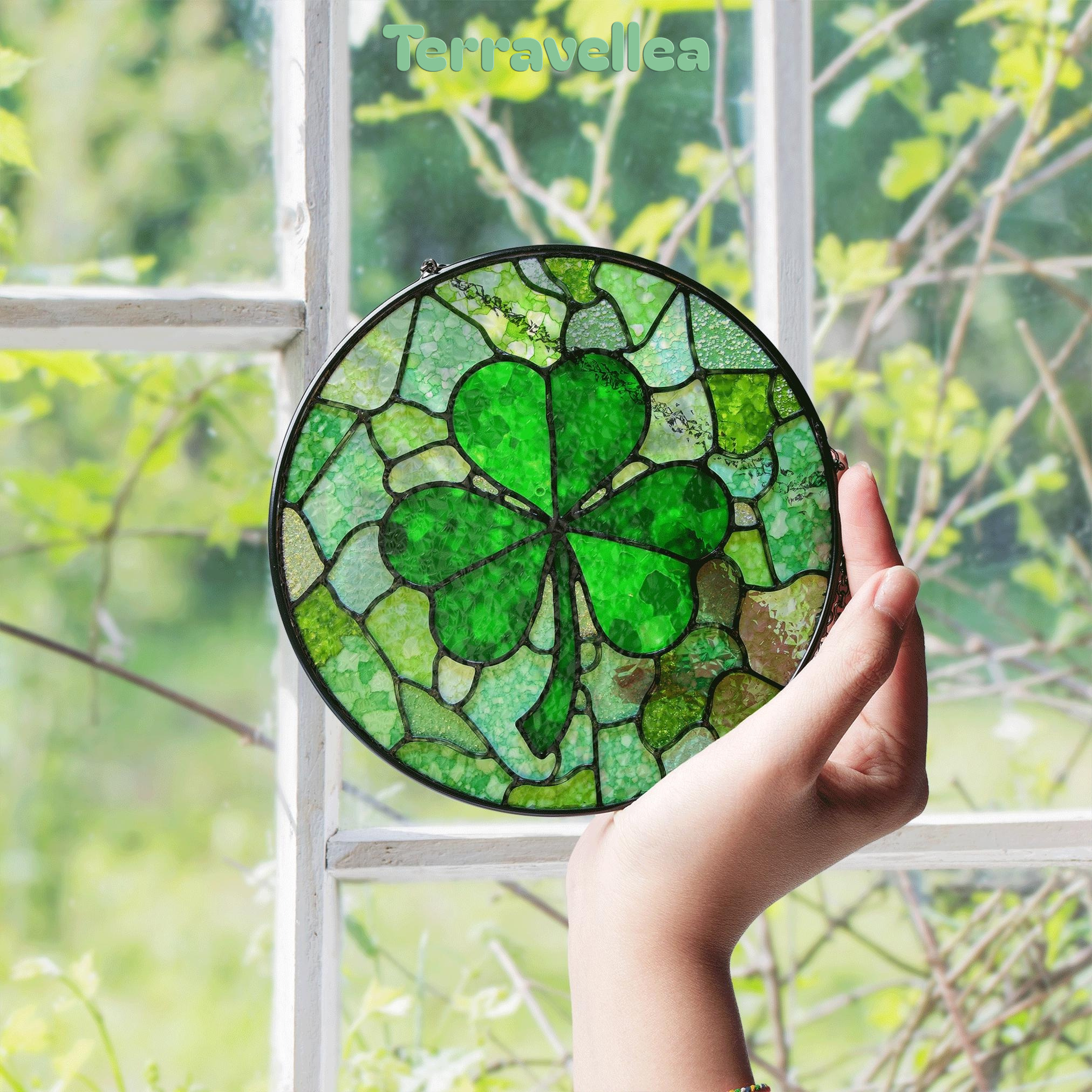 Green Four Leaf Clover Stained Glass Suncatcher Window Decoration Unique Gift for St Patrick's Day - image 4