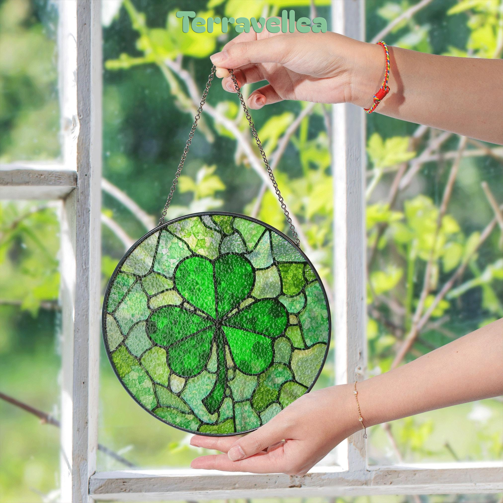 Green Four Leaf Clover Stained Glass Suncatcher Window Decoration Unique Gift for St Patrick's Day - image 5