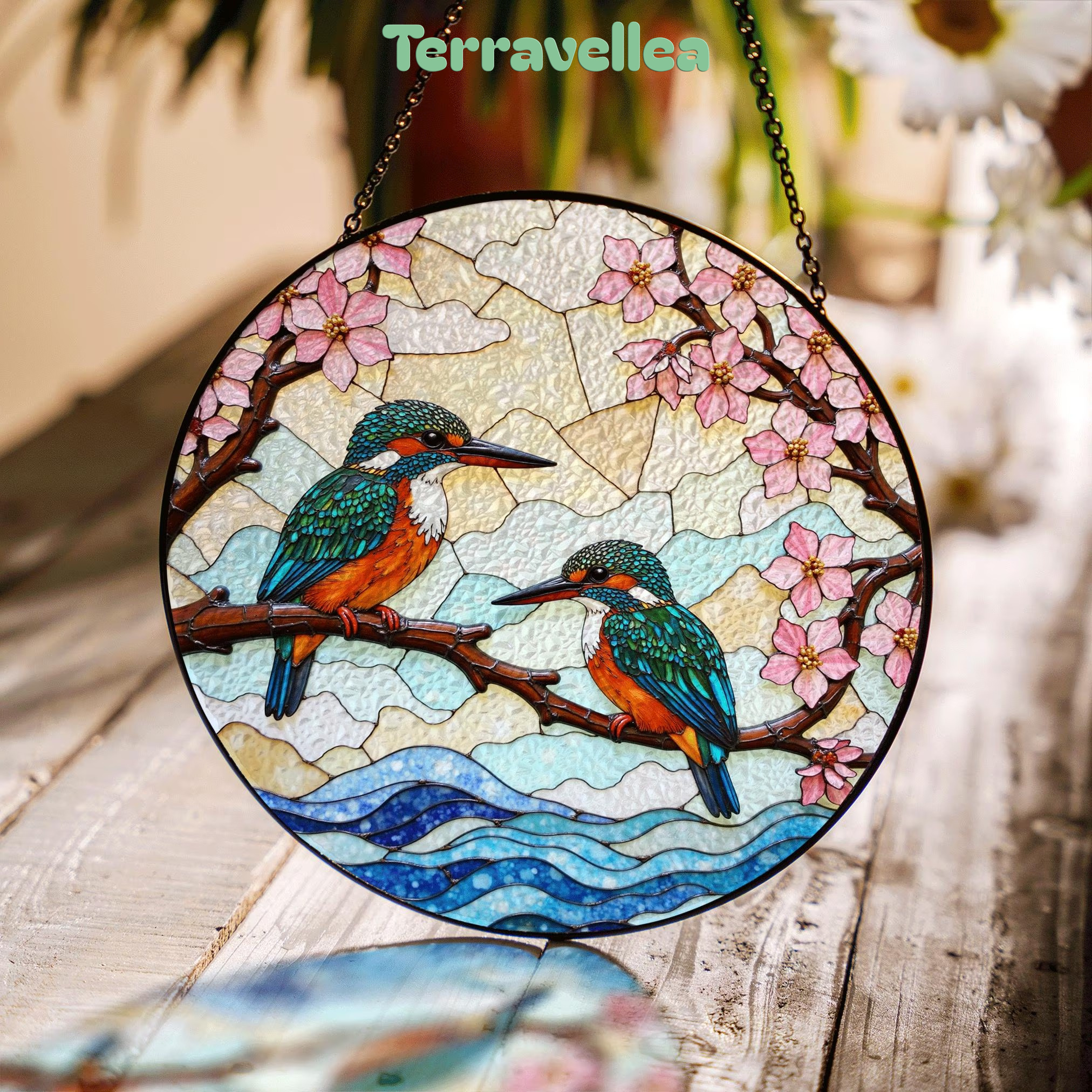 Kingfishers on Branch Stained Glass Suncatcher Bird Window Hanging Gift for Bird Lovers - image 1