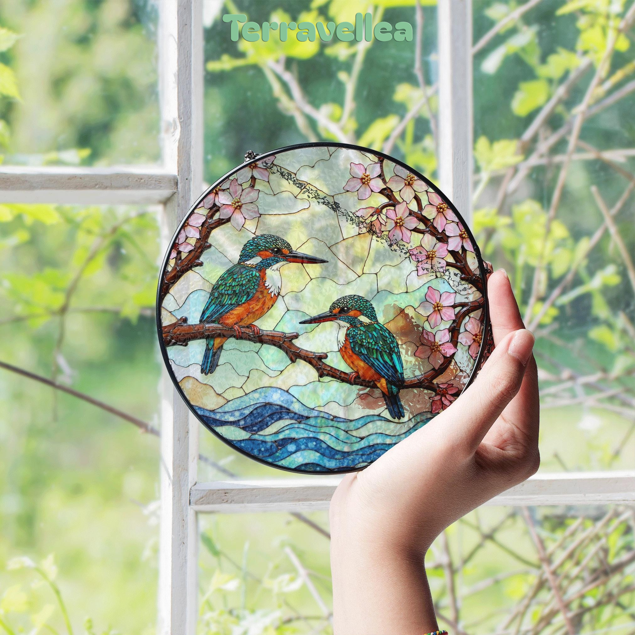 Kingfishers on Branch Stained Glass Suncatcher Bird Window Hanging Gift for Bird Lovers - image 5