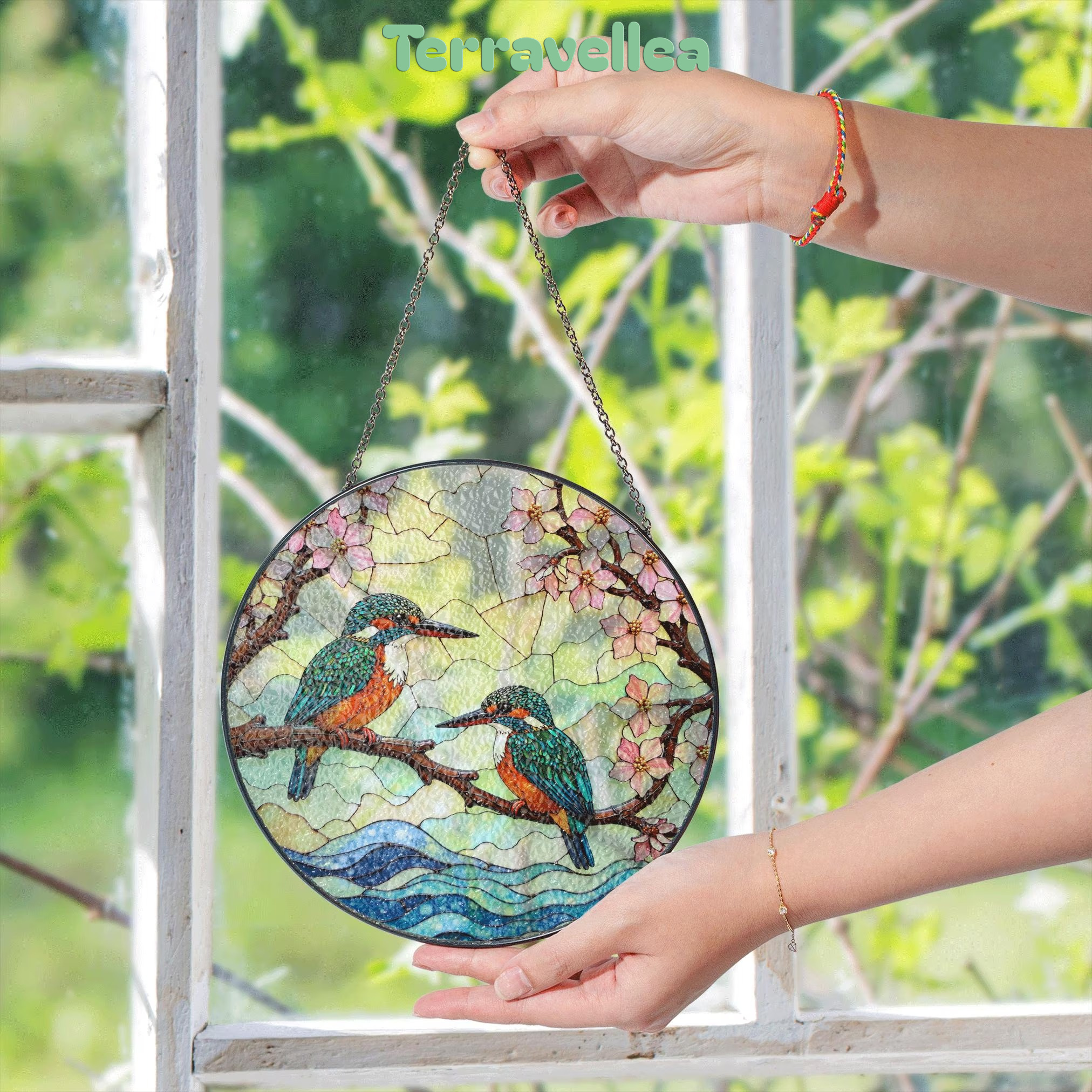 Kingfishers on Branch Stained Glass Suncatcher Bird Window Hanging Gift for Bird Lovers - image 8