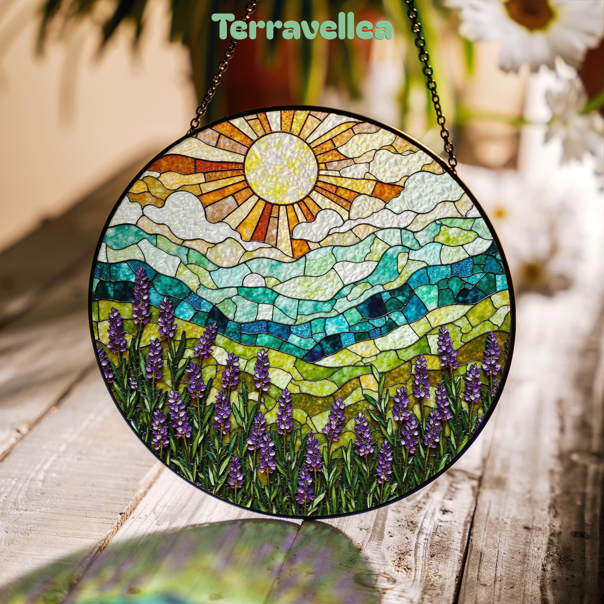 Lavender Field Mountain View Stained Glass Suncatcher Window Art Gift for Nature Lover - image 1