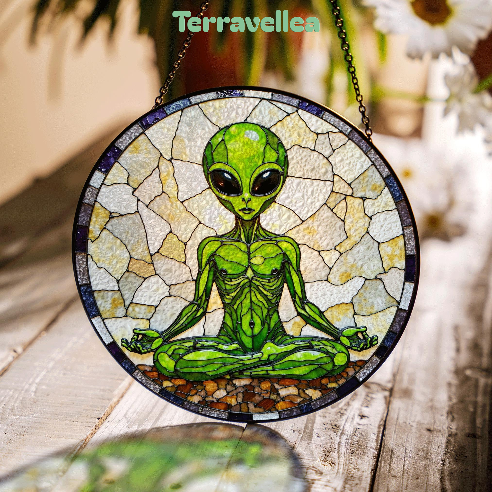 Meditating Alien Stained Glass Style Round Suncatcher Gift for UFO Lovers - image 1