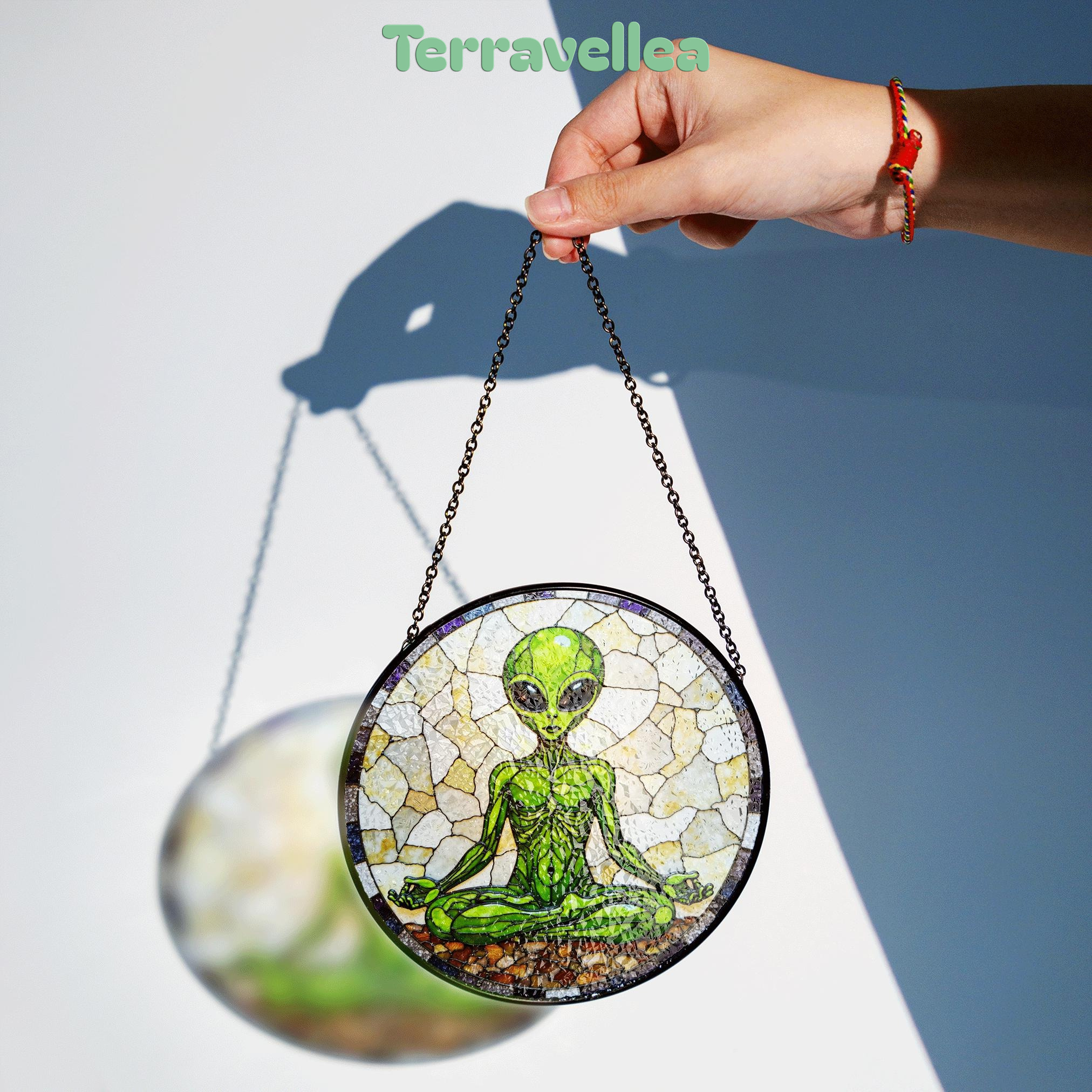 Meditating Alien Stained Glass Style Round Suncatcher Gift for UFO Lovers - image 2