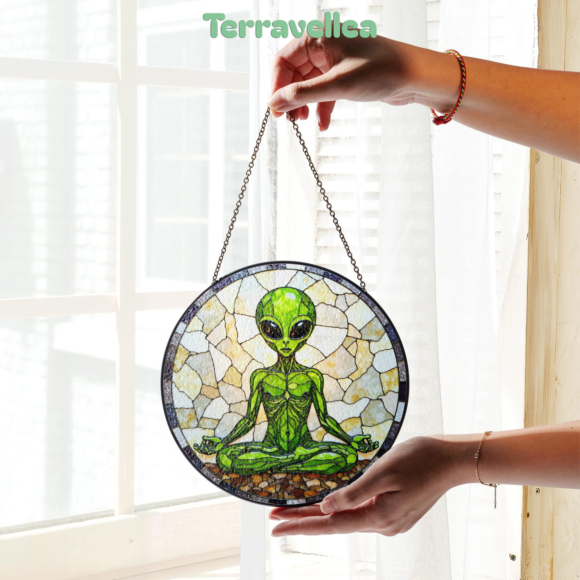 Meditating Alien Stained Glass Style Round Suncatcher Gift for UFO Lovers - image 3