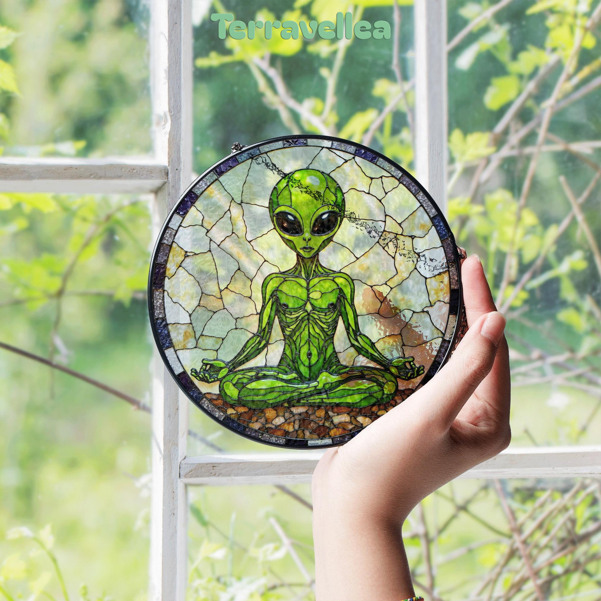 Meditating Alien Stained Glass Style Round Suncatcher Gift for UFO Lovers - image 4
