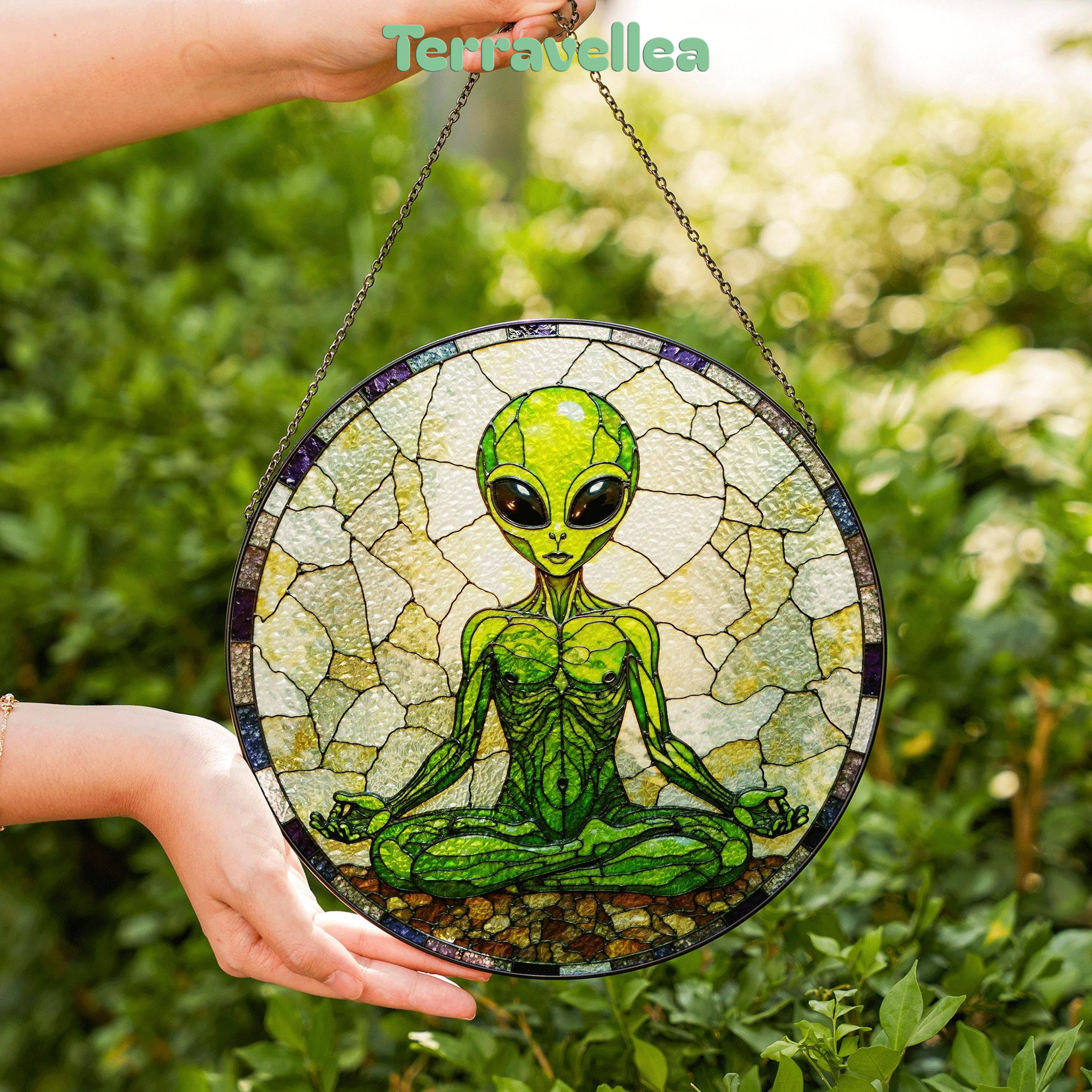 Meditating Alien Stained Glass Style Round Suncatcher Gift for UFO Lovers - image 6