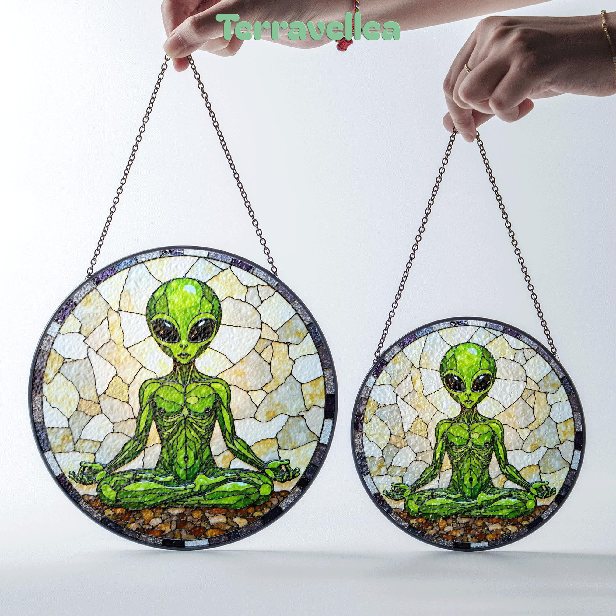 Meditating Alien Stained Glass Style Round Suncatcher Gift for UFO Lovers - image 7