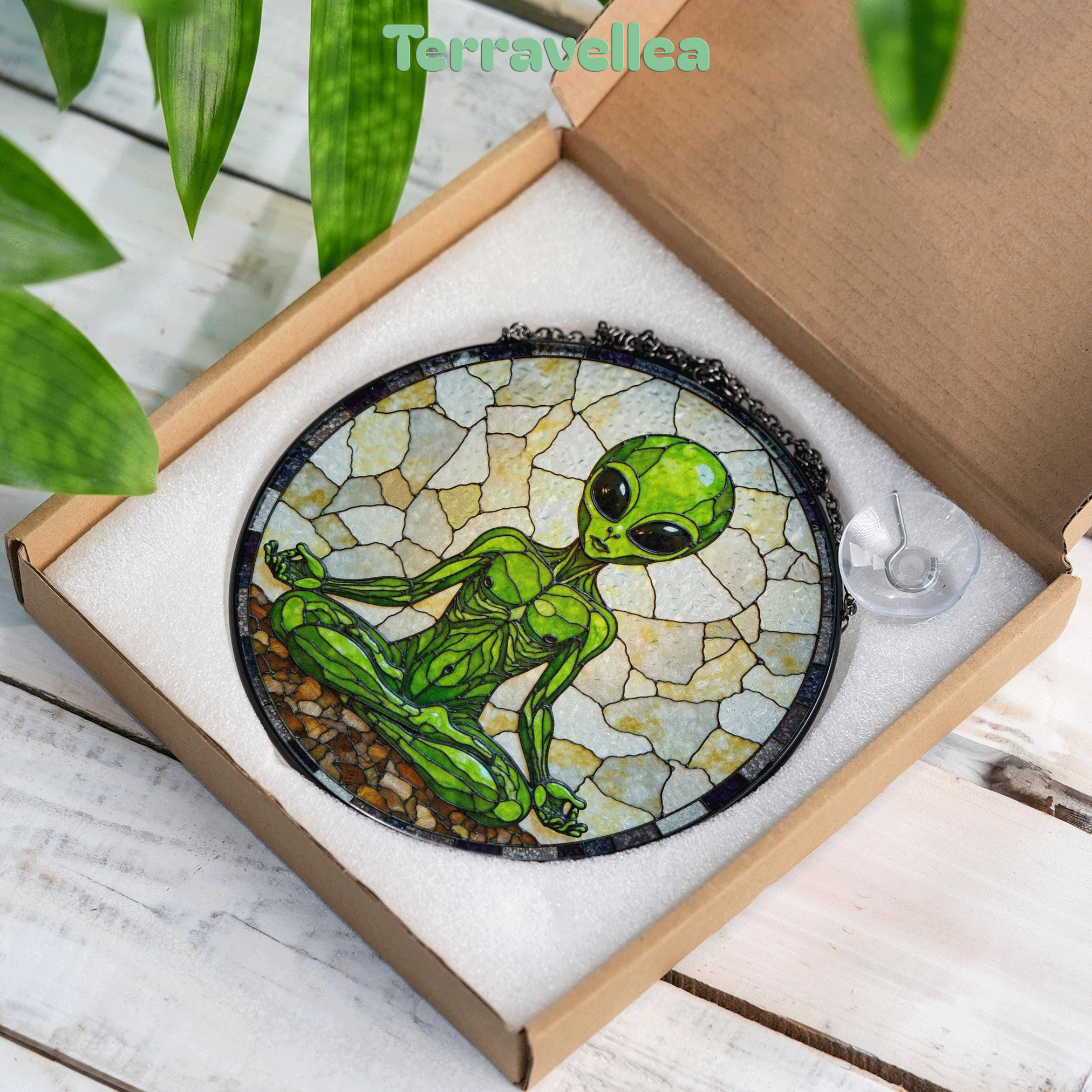 Meditating Alien Stained Glass Style Round Suncatcher Gift for UFO Lovers - image 9