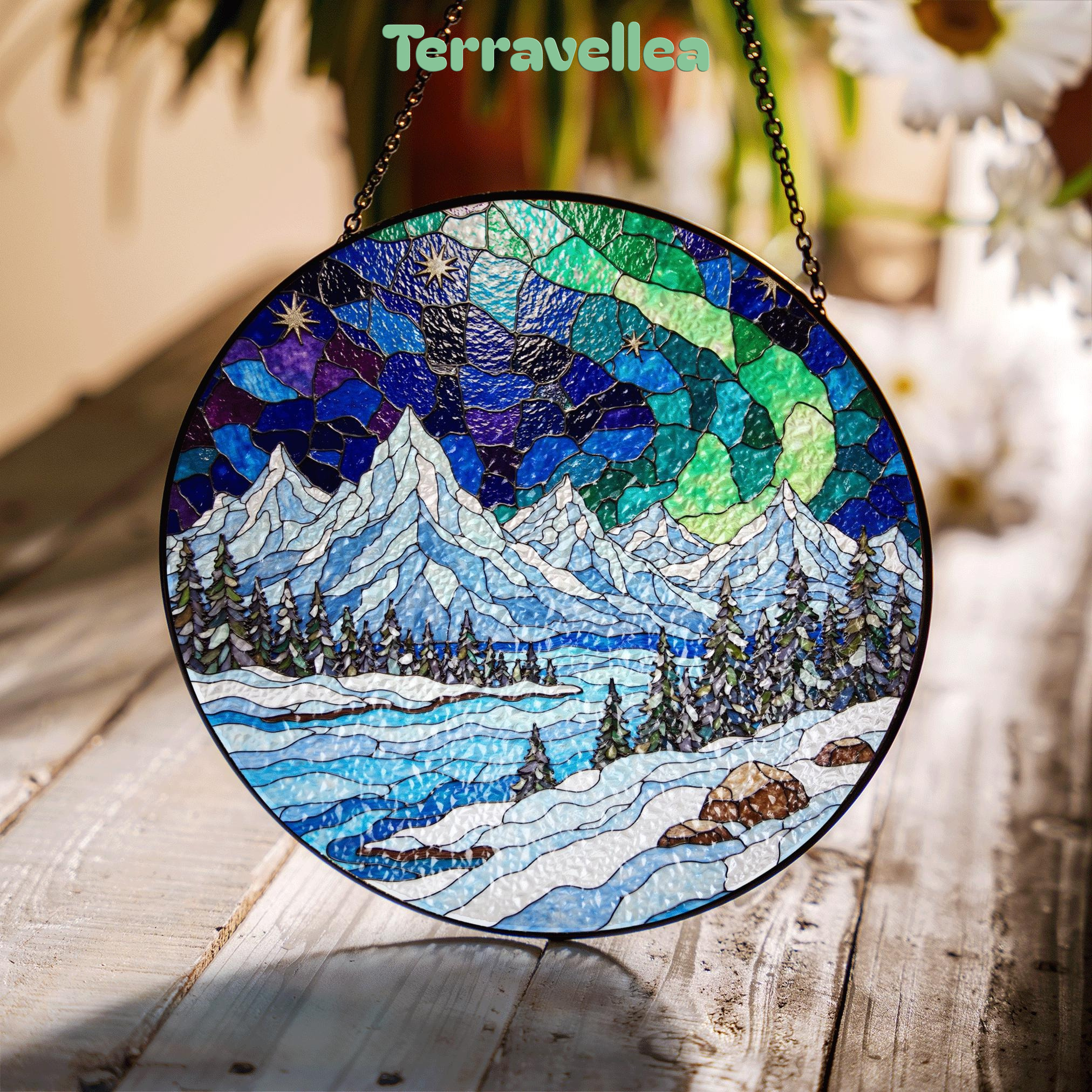 Mountain Landscape Suncatcher Stained Glass Window Hanging Gift for Nature Lovers - image 1