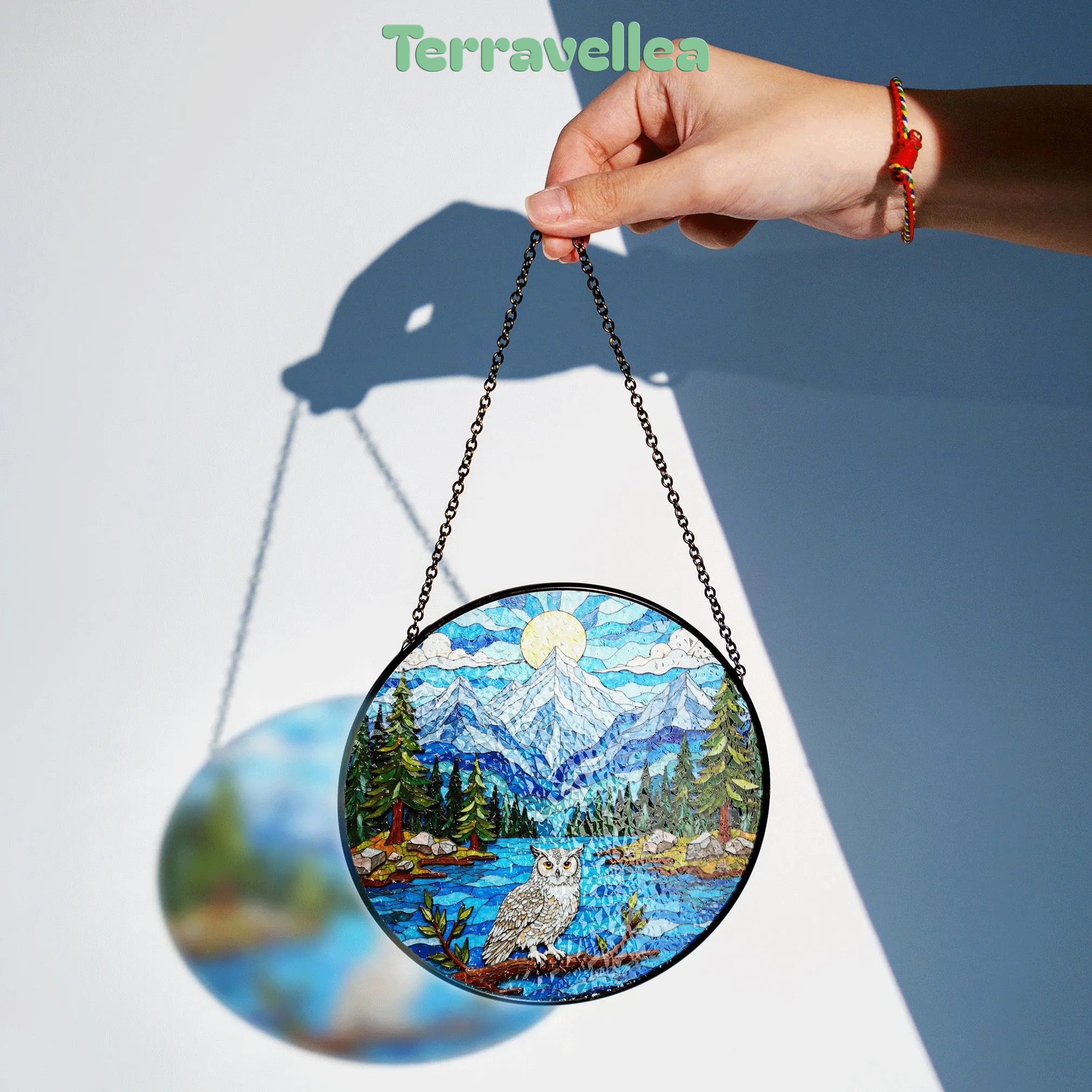 Mountain Owl Forest Scene Round Suncatcher Window Hanging Gift for Nature Lover - image 3