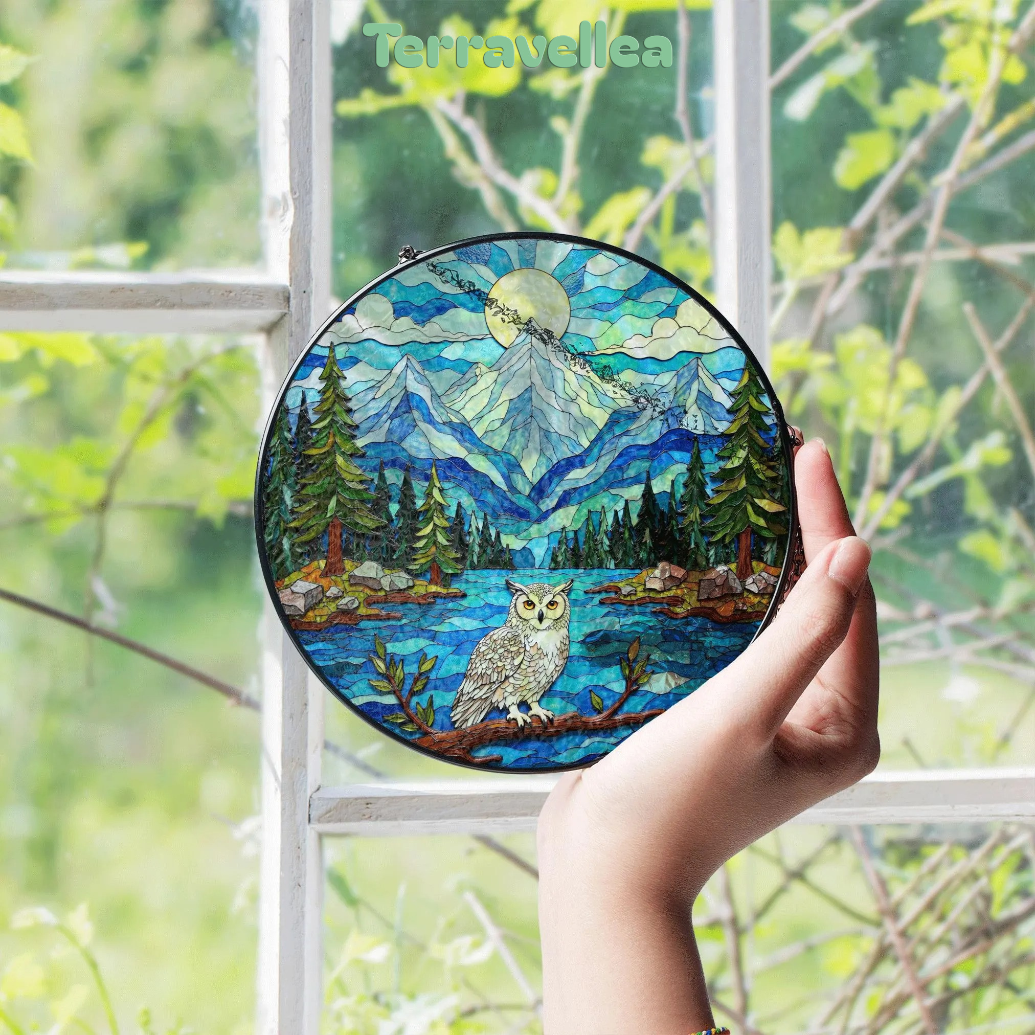 Mountain Owl Forest Scene Round Suncatcher Window Hanging Gift for Nature Lover - image 7