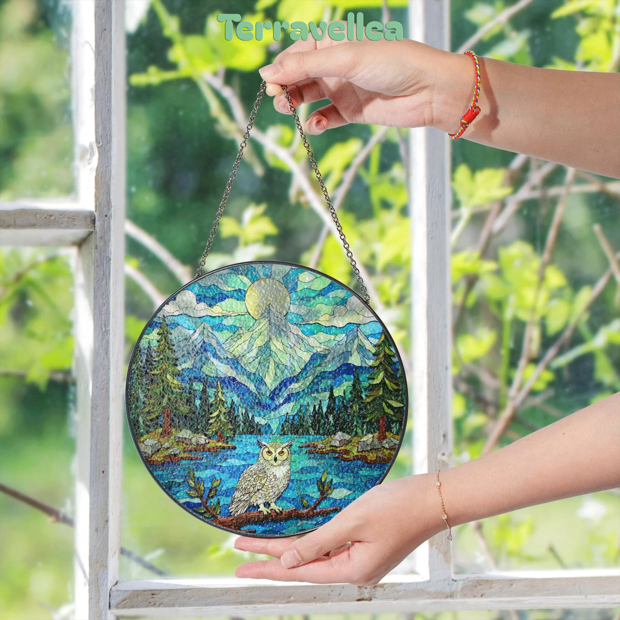 Mountain Owl Forest Scene Round Suncatcher Window Hanging Gift for Nature Lover - image 9