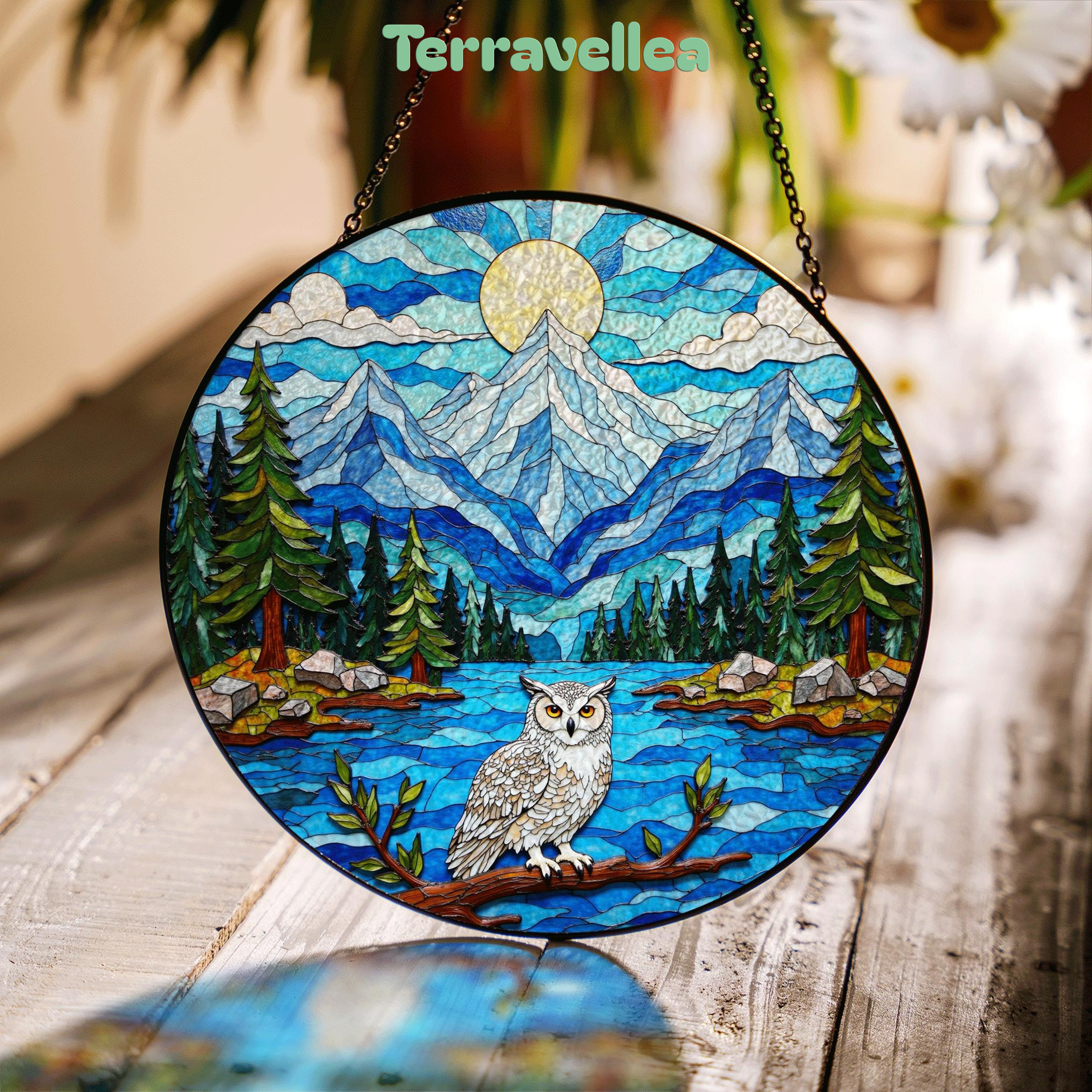 Mountain Owl Forest Scene Round Suncatcher Window Hanging Gift for Nature Lover - image 2